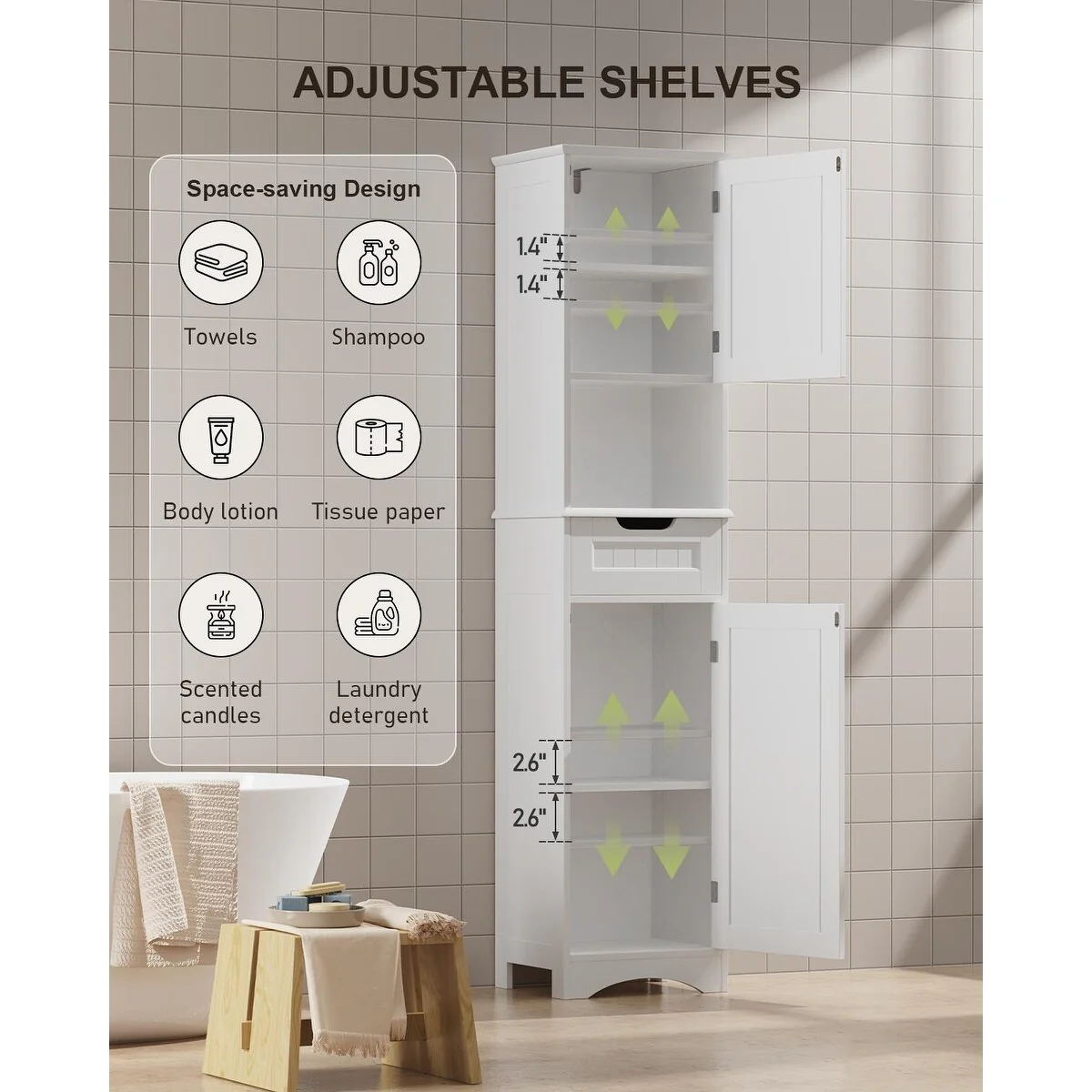 Freestanding Narrow Tall Bathroom Storage Cabinet with Adjustable Shelves, Door and Open Shelves