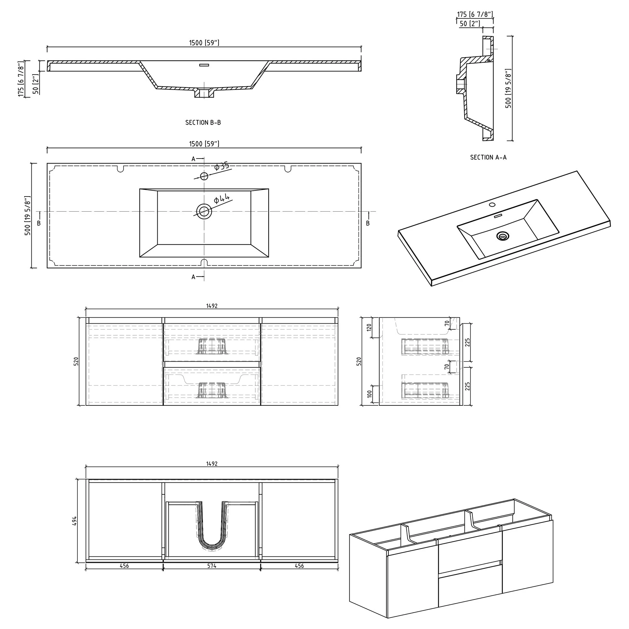 MDF Floating Bathroom Vanity with Integrated Resin Sink