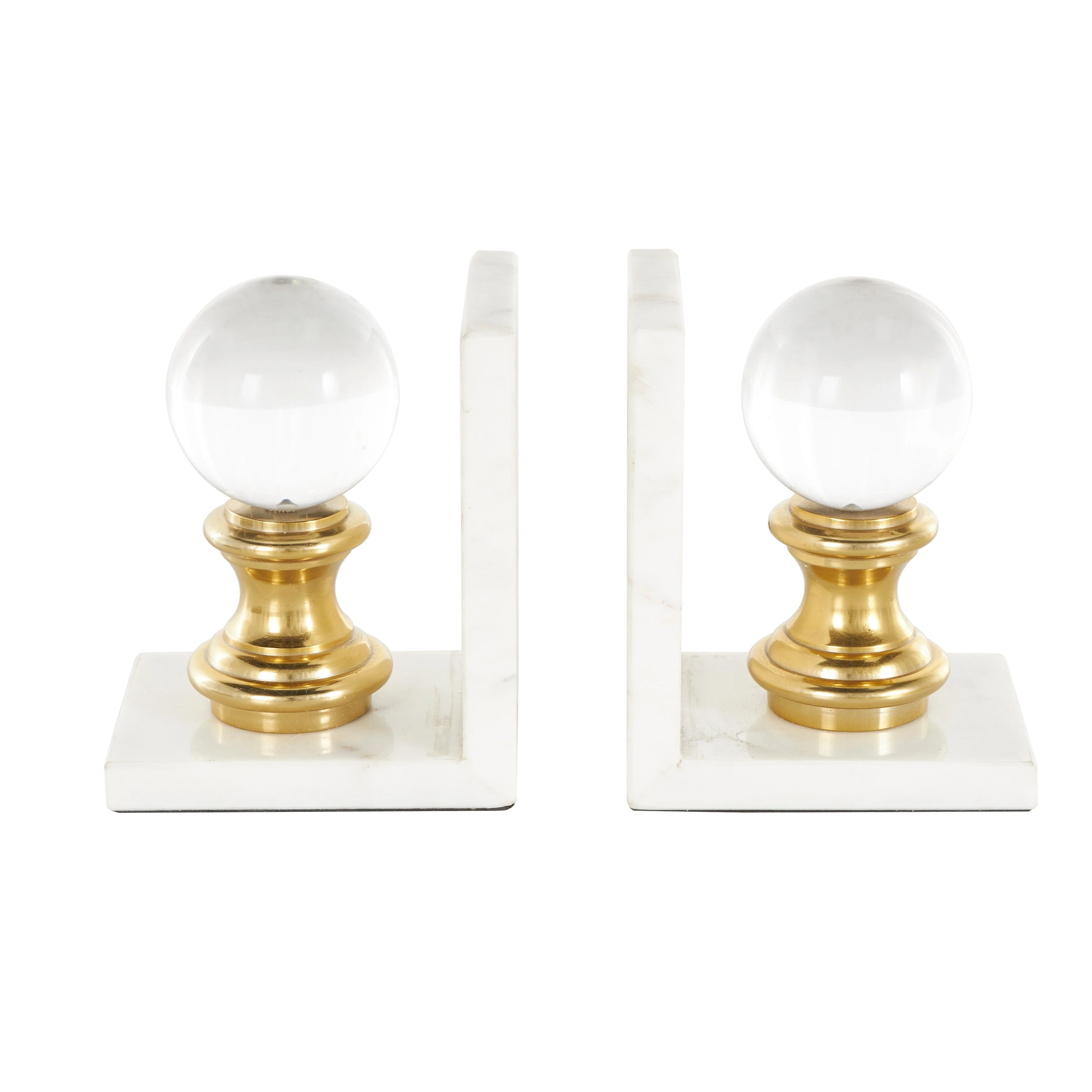 White Marble Decorative Bookends with Glass Orbs and Gold Accents (Set of 2)