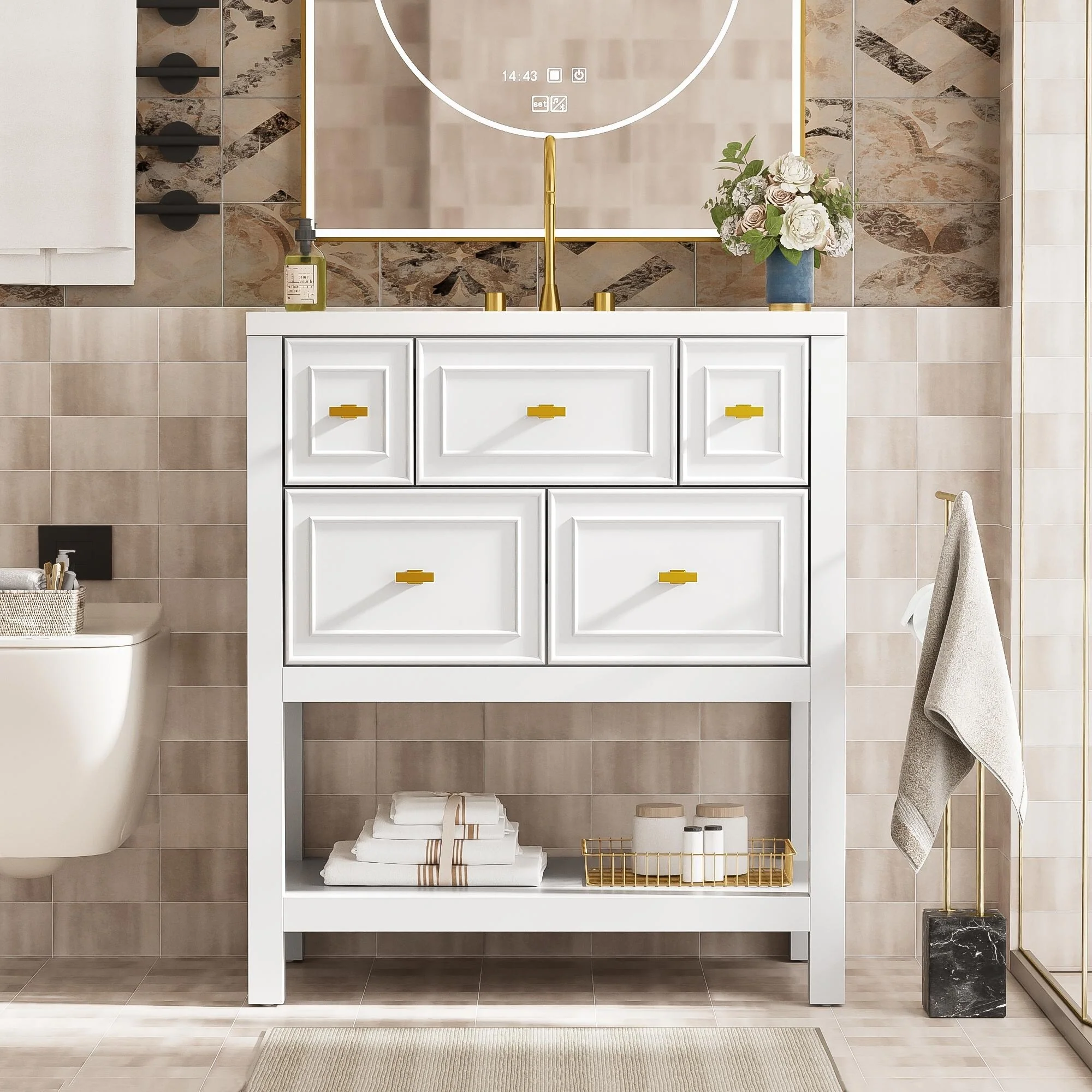 Free Standing Single Bathroom Vanity with 5 Drawers Bathroom Storage Cabinet