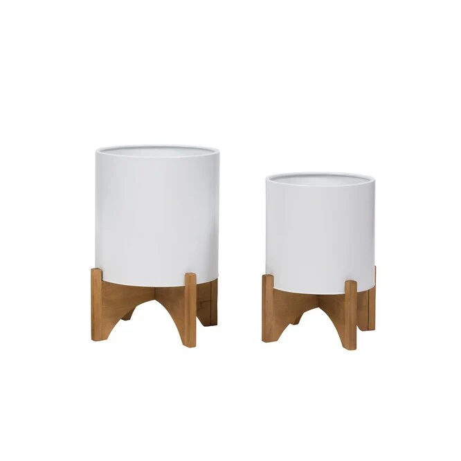 Raya White Indoor Metal Pot Planter With Arch Wood Base Set - 12.25