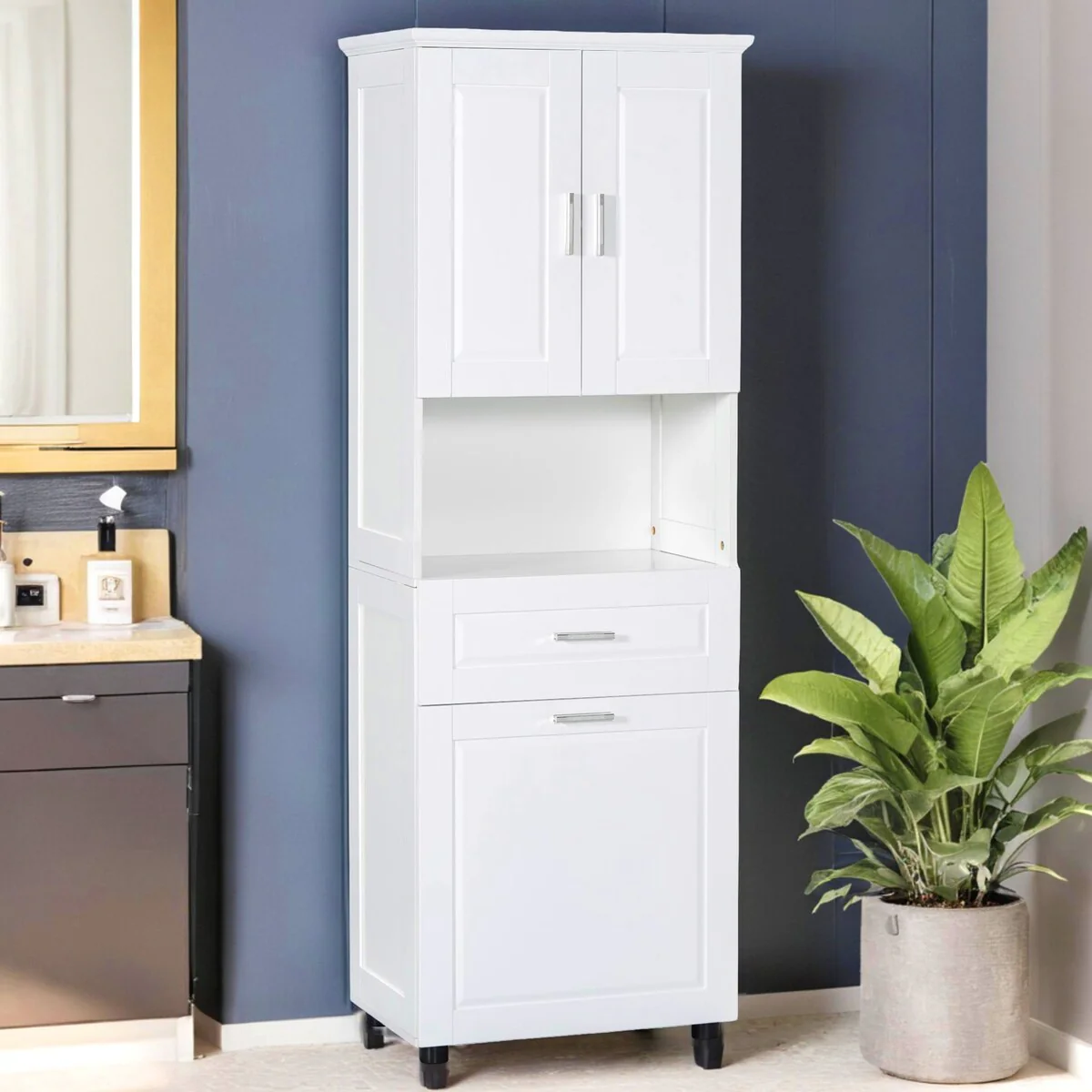 Tall Bathroom Cabinet with Laundry Basket
