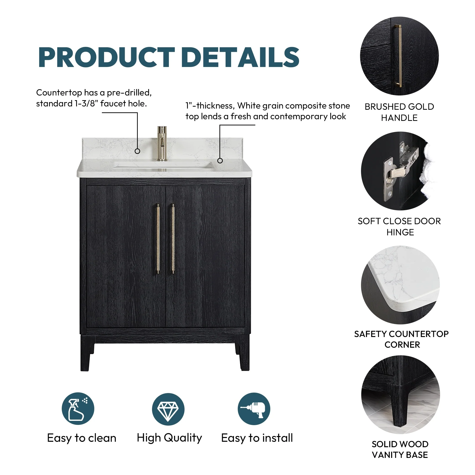 Gara Single Bath Vanity with Composite Stone Top and Mirror