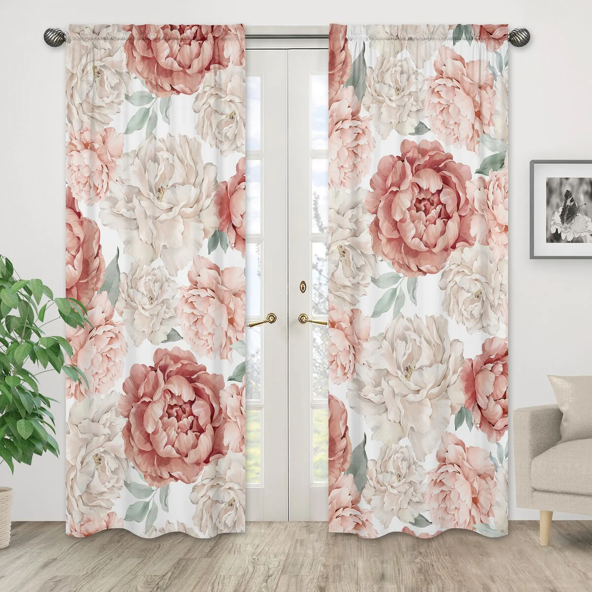 Boho Shabby Chic Floral Girl Window Treatment Curtain Panel Ivory Bohemian Vintage Garden Watercolor Flower Nature Elegant Rose