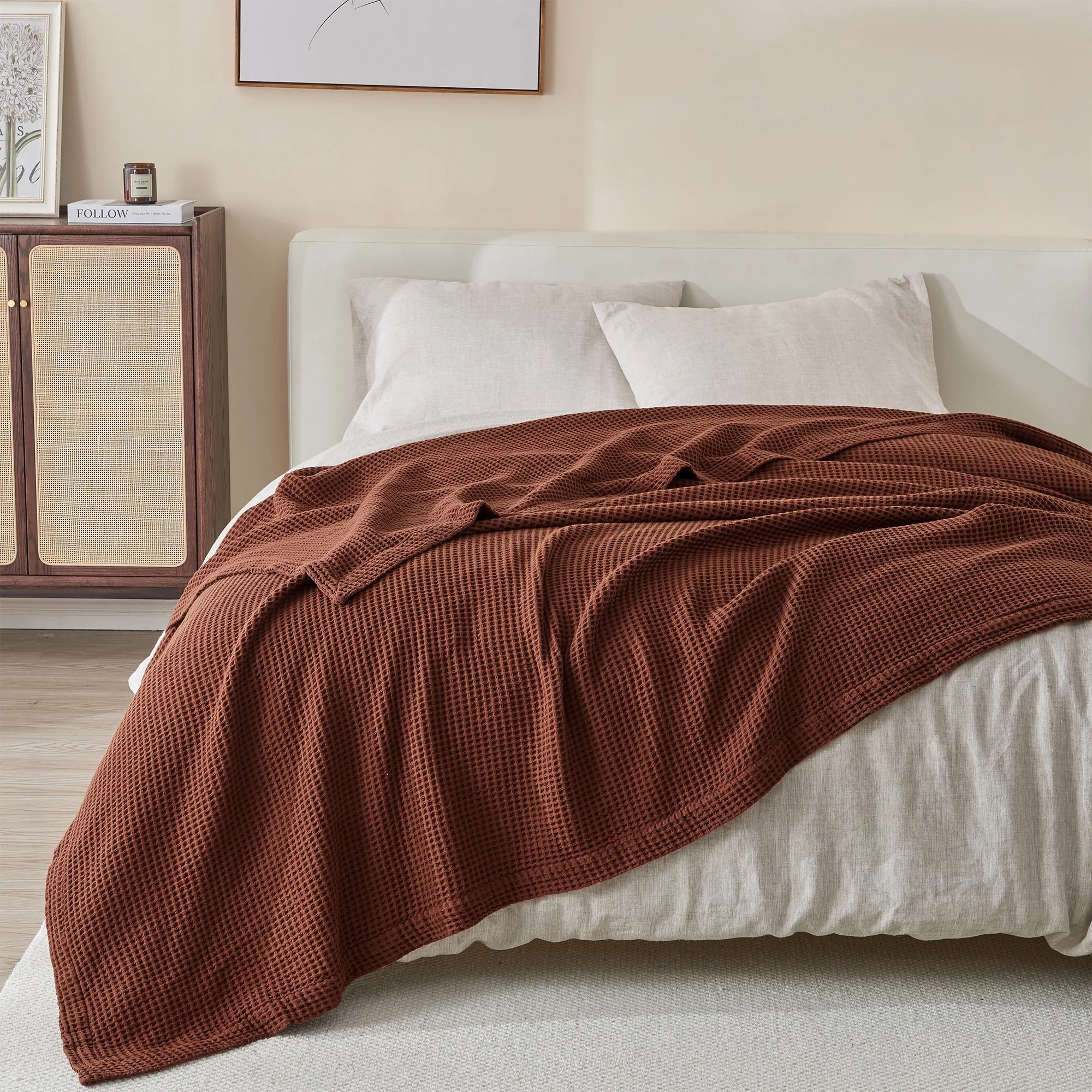 Linery & Co. 100% Cotton All-Season Lightweight Waffle Weave Knit Throw Blanket