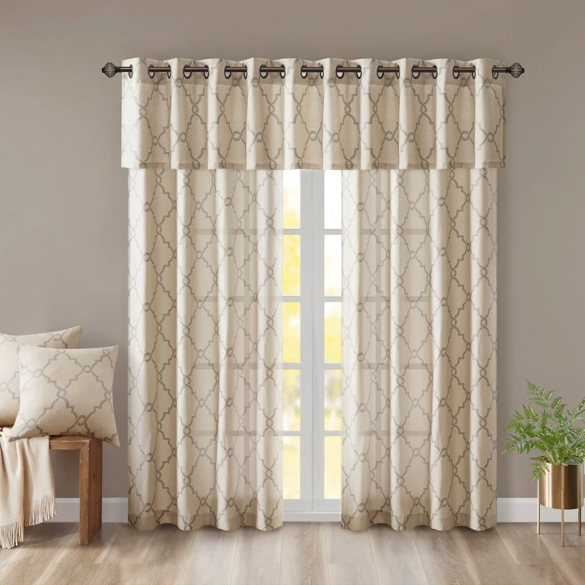 Fretwork Print Grommet Top Window Valance Beige/Grey 50x18