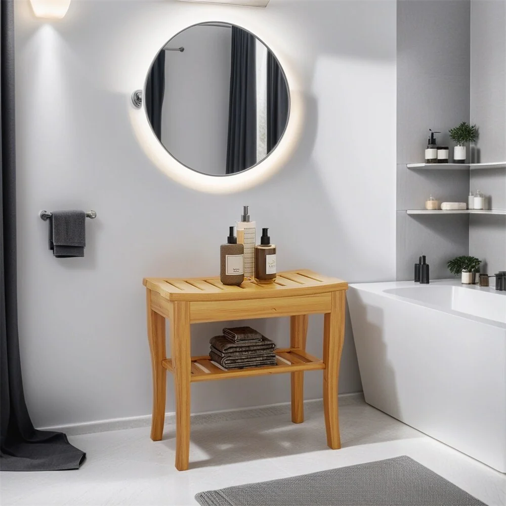 Long Bamboo Shower Bench Seat,Wooden Spa Shower Stool w/Storage Shelf