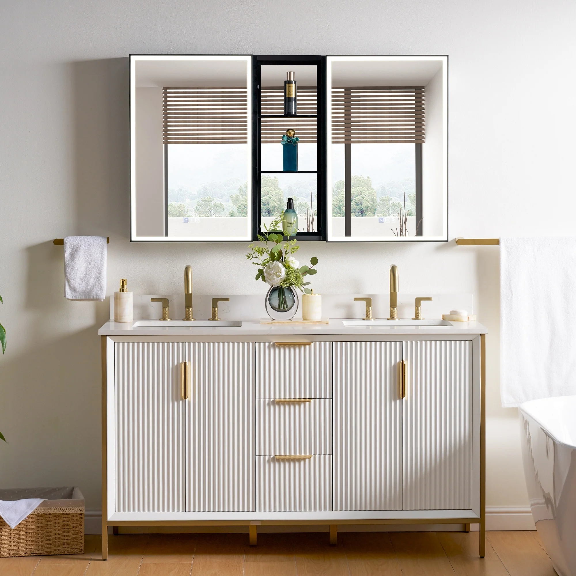 30 in. H Recessed or Surface Wall Mounted LED Mirror Cabinet With Black Side Cabinet