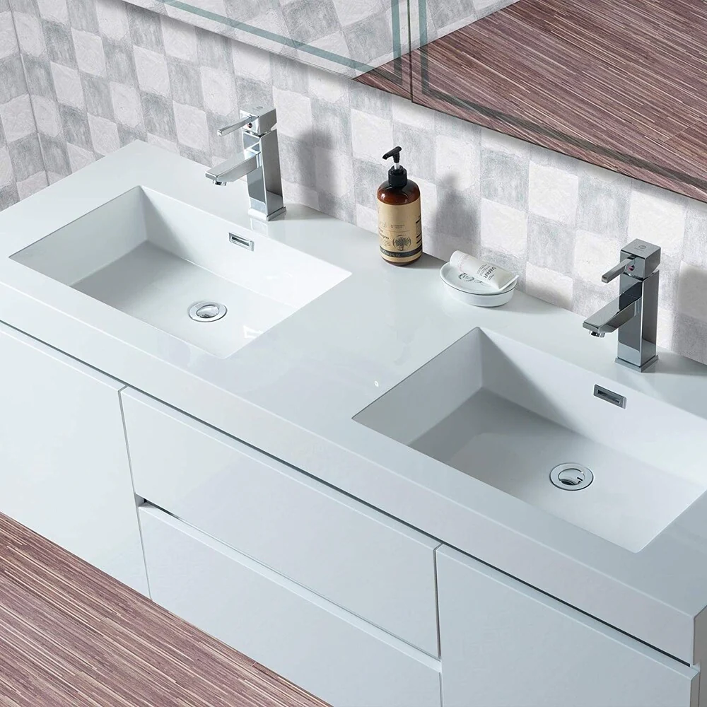 Vanity Art 60-Inch Double Sink Wall Hung Bathroom Vanity Set White Stone Top Glossy Finish with Sensor Switch
