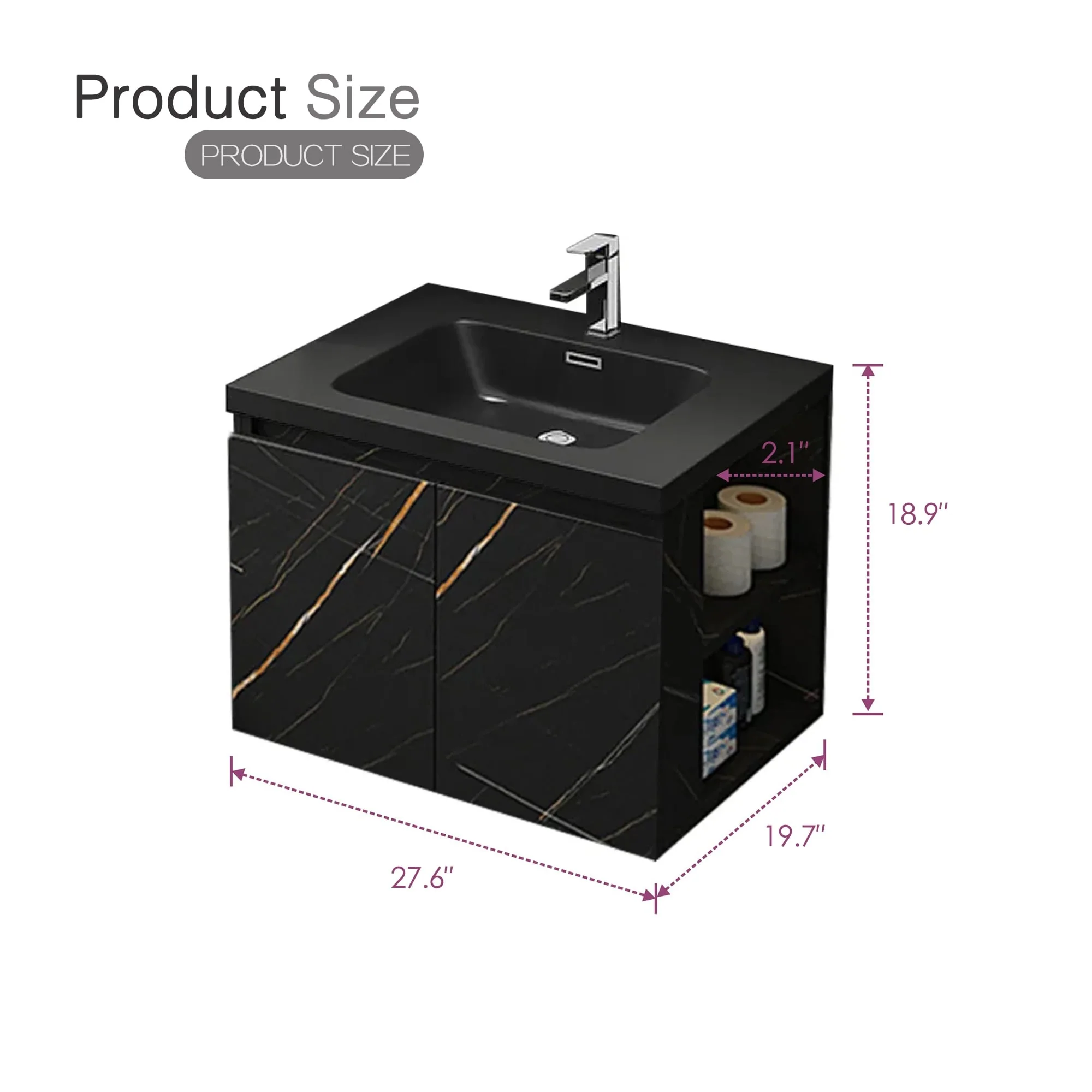 Light Luxury 27.6 in. Single Bathroom Vanity, Stone Countertop Wall Mounted Black Countertop Sink Connected Bathroom Vanity