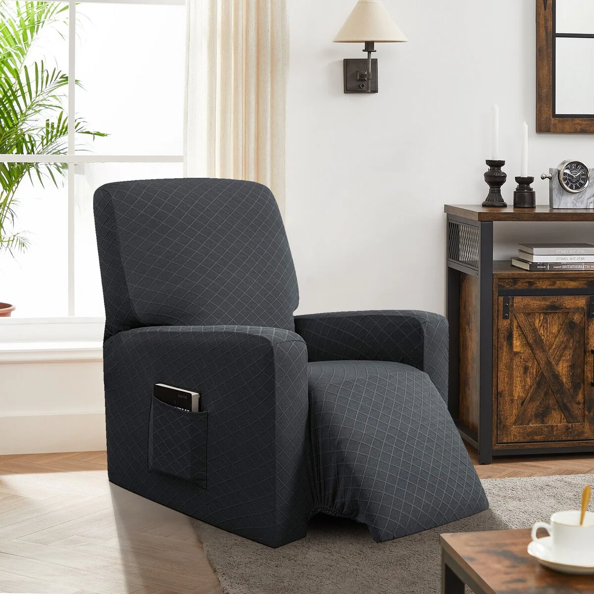 Enova Home Ultra Soft Rhombus Stretch Fabric Recliner Slipcover with Elastic Bottom Side Pocket