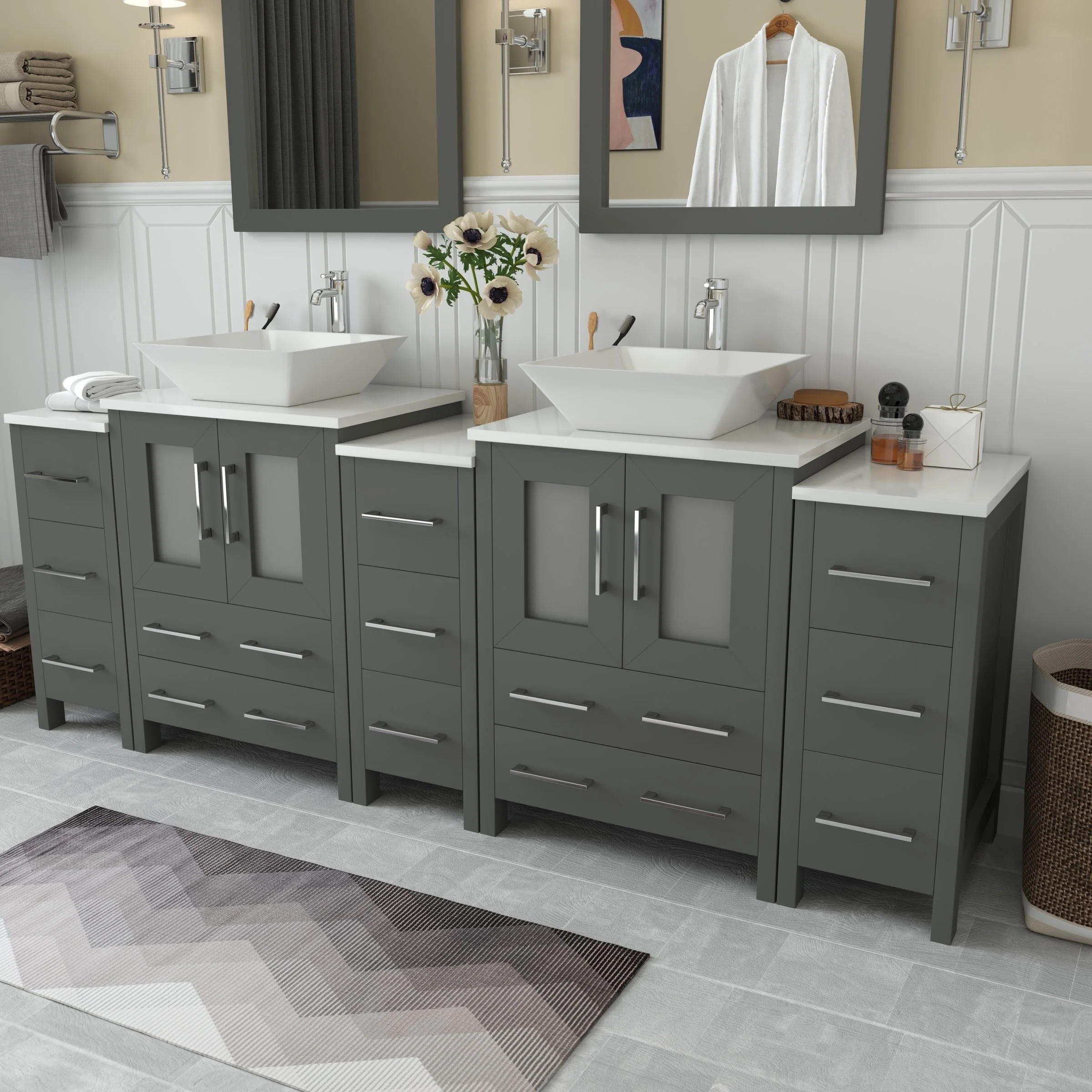 Vanity Art 84-Inch Double Sink Bathroom Vanity Set with Engineered Marble Top and Free Mirror - 84 W X 18.5 D X 31.1 H