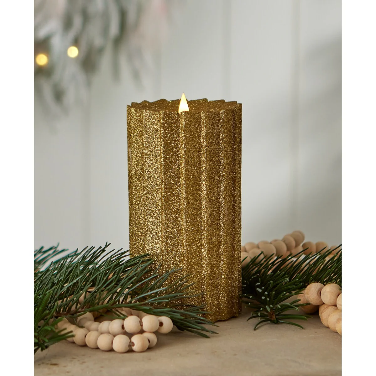 Sutton Fluted Motion Flameless Candle 4x8 Glitter Gold