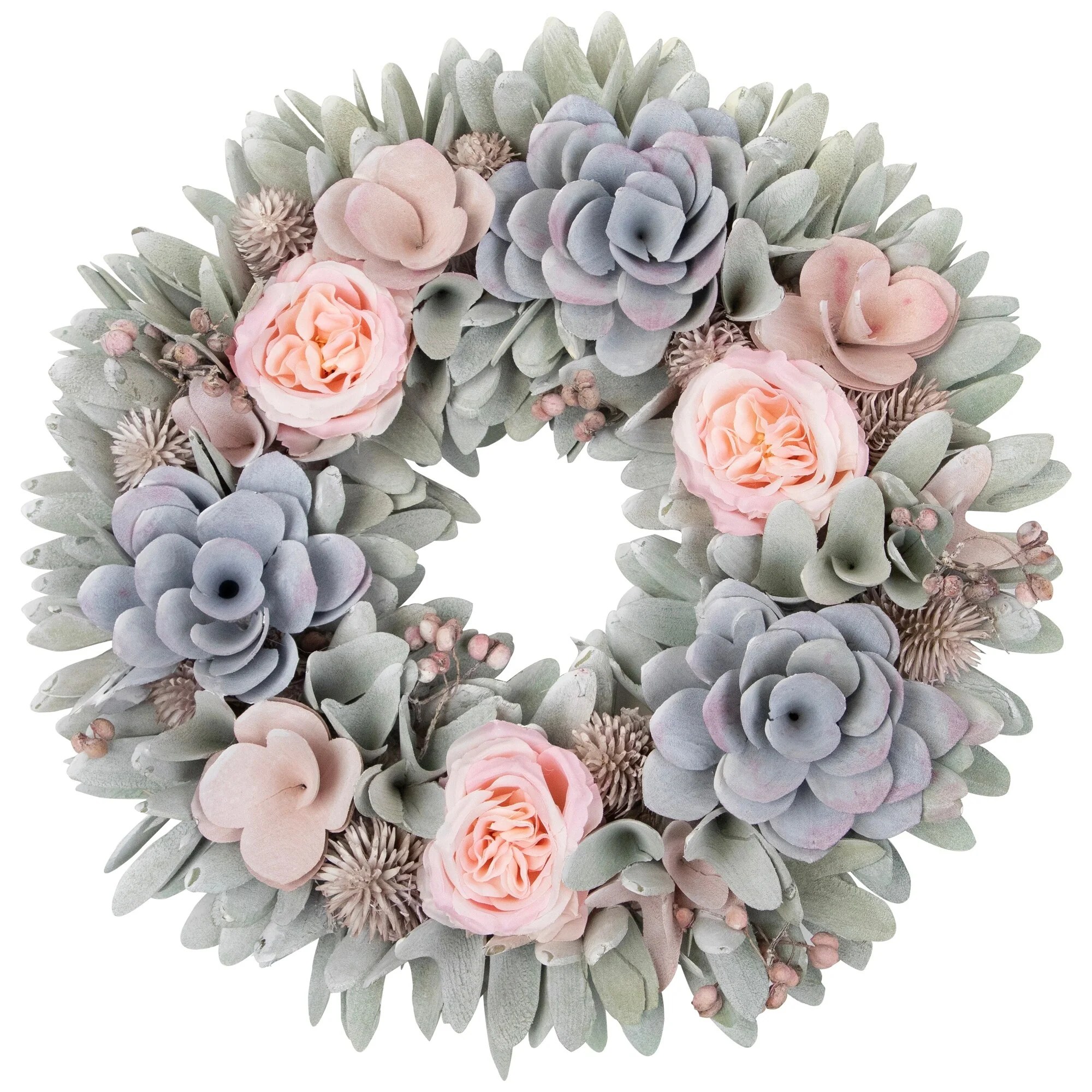 Roses and Thistle Wooden Artificial Floral Spring Wreath - 14