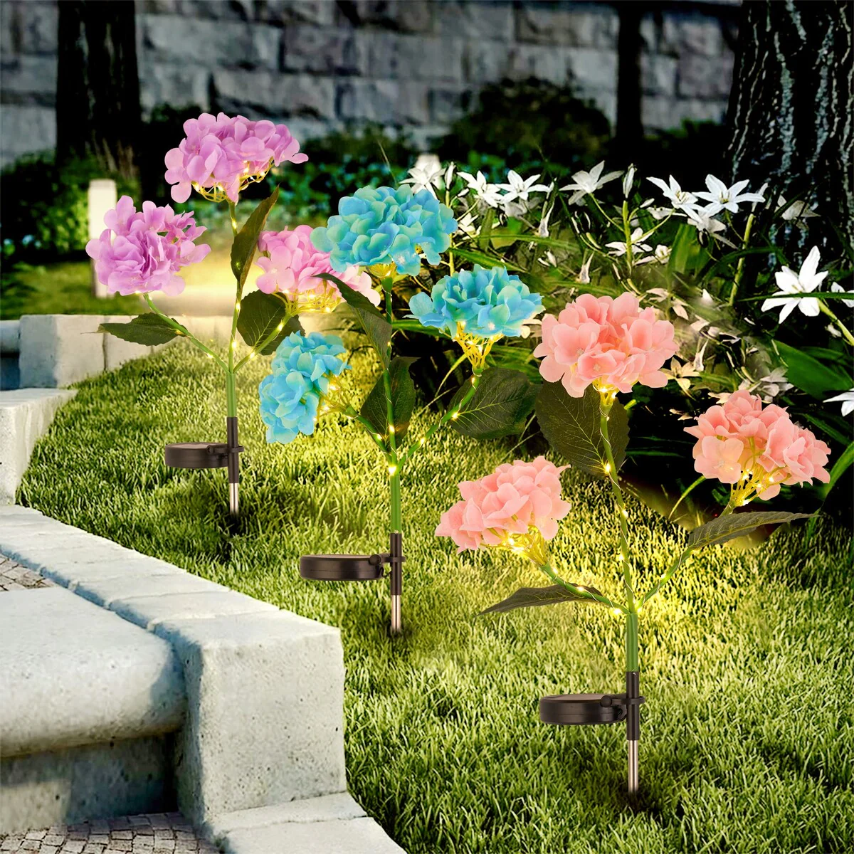 Set of 6 Solar Hydrangea Pathway Light - Set of 6