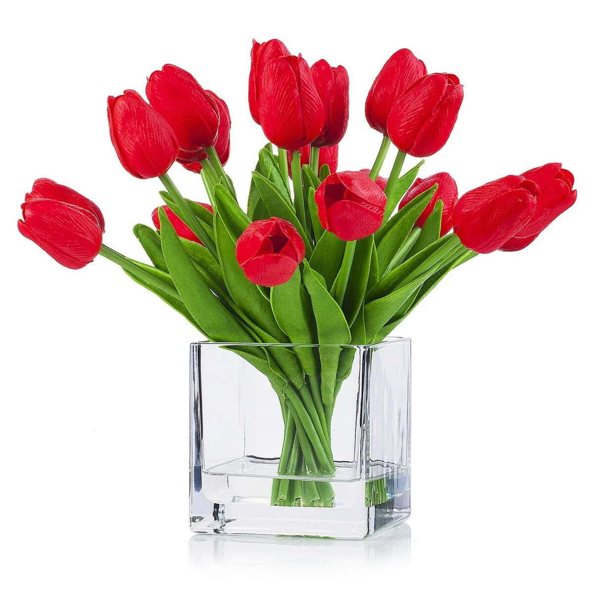 Enova Home 20 Pieces Artificial Real Touch Tulips Fake Silk Flowers Arrangement in Cube Glass Vase with Faux Water