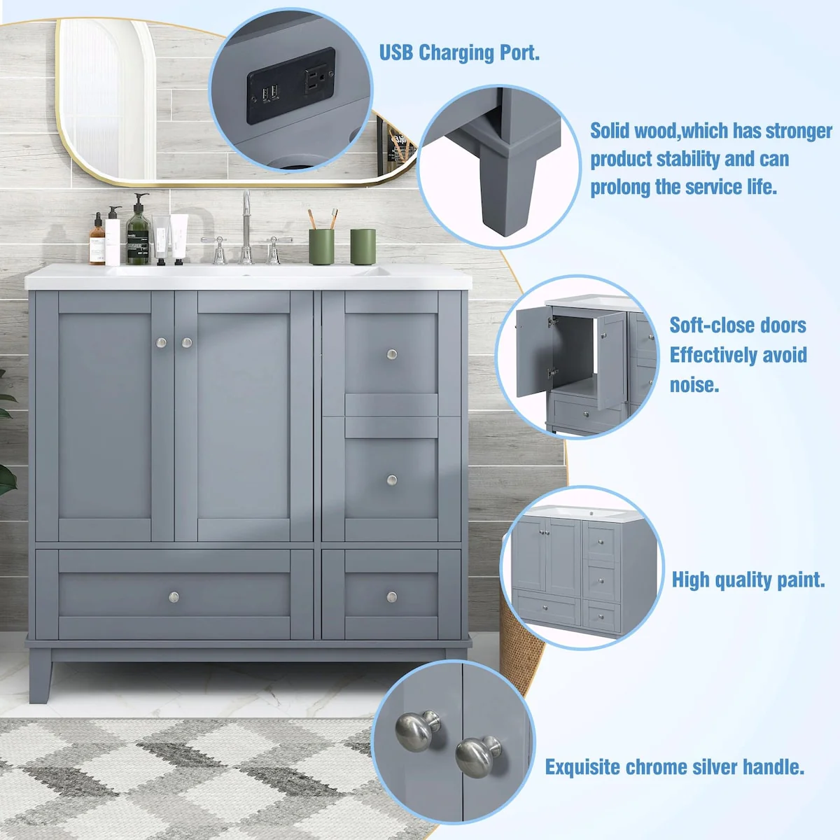 Modern 36-Inch Bathroom Vanity with Resin Sink and Ample Storage