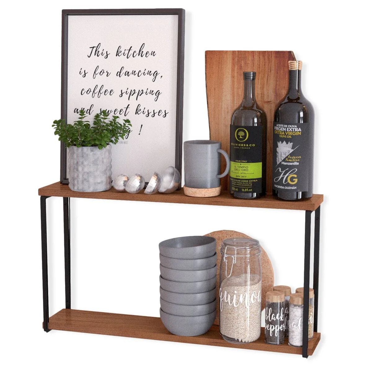 Wallniture Porto 2-Tier Wood Wall Shelf for Kitchen Decor, Organization and Storage