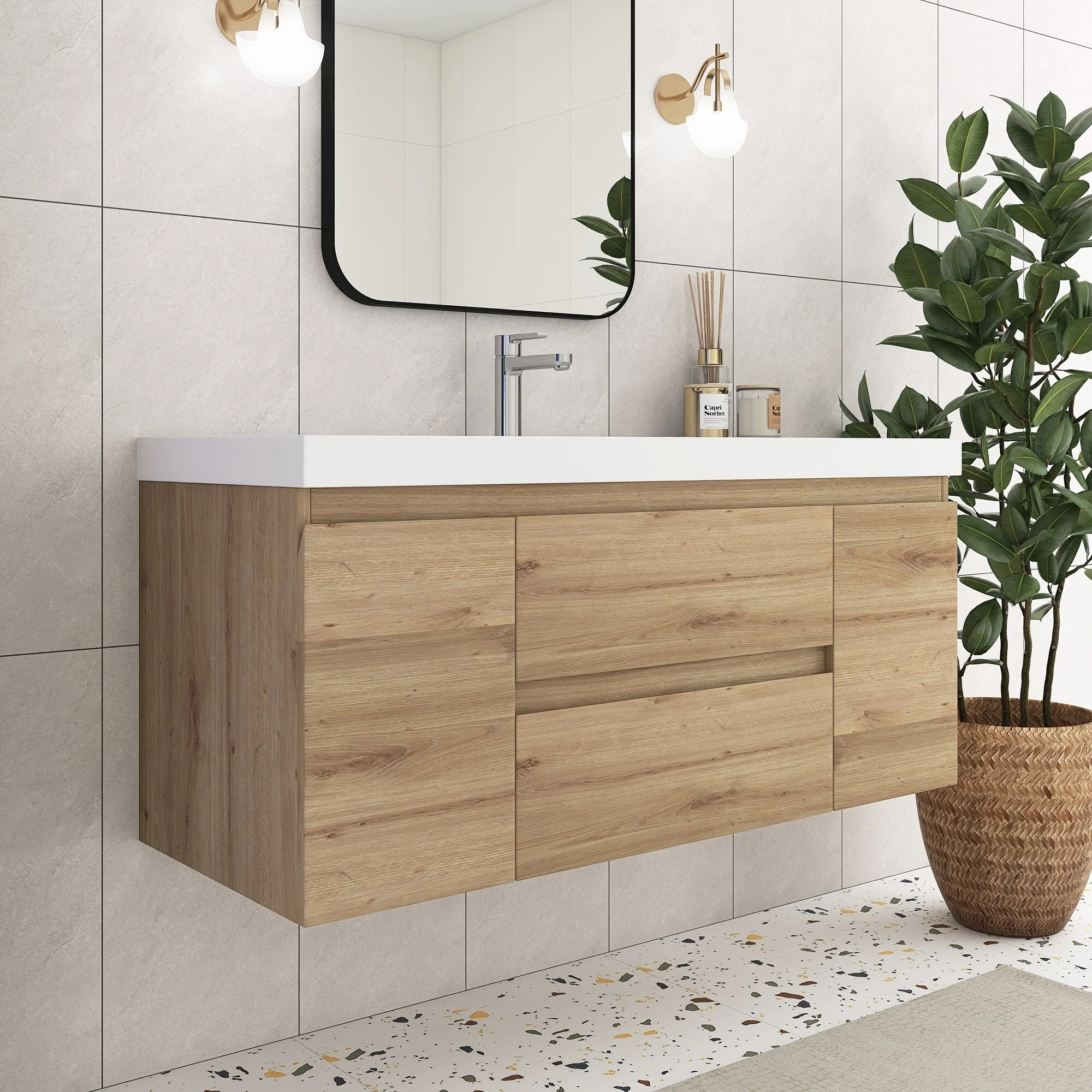 Angela Wall Mounted Bathroom Vanity in F. Oak with White Cultured Marble Top