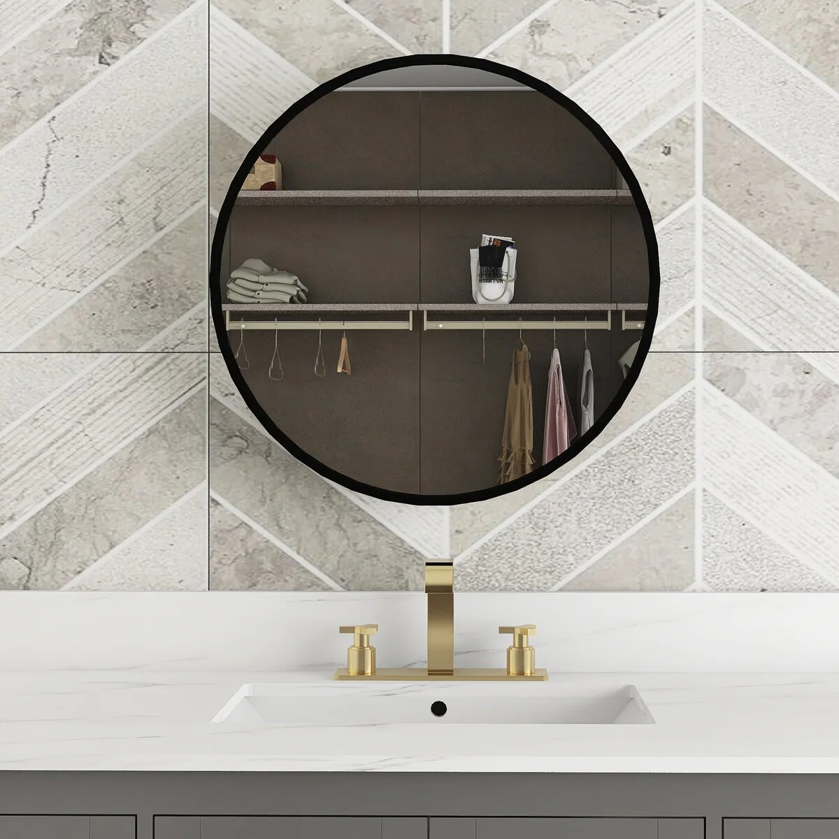 24/30 inch Round Surface Mount Medicine Cabinet with Mirror and Shelves