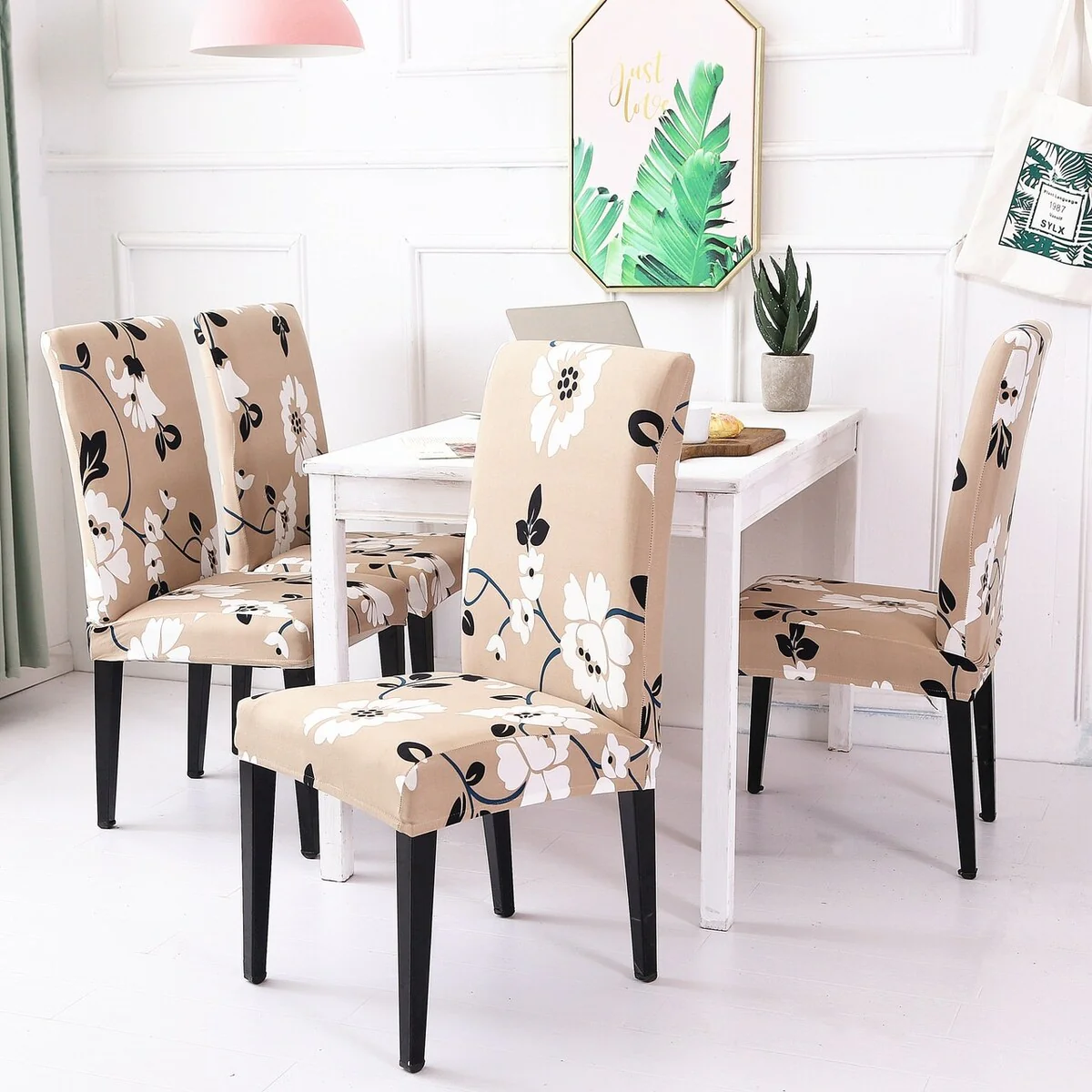 Enova Home Jasmine FlowerElegant Polyester and Spandex Stretch Washable Dining Chair Slipcover Set of 4