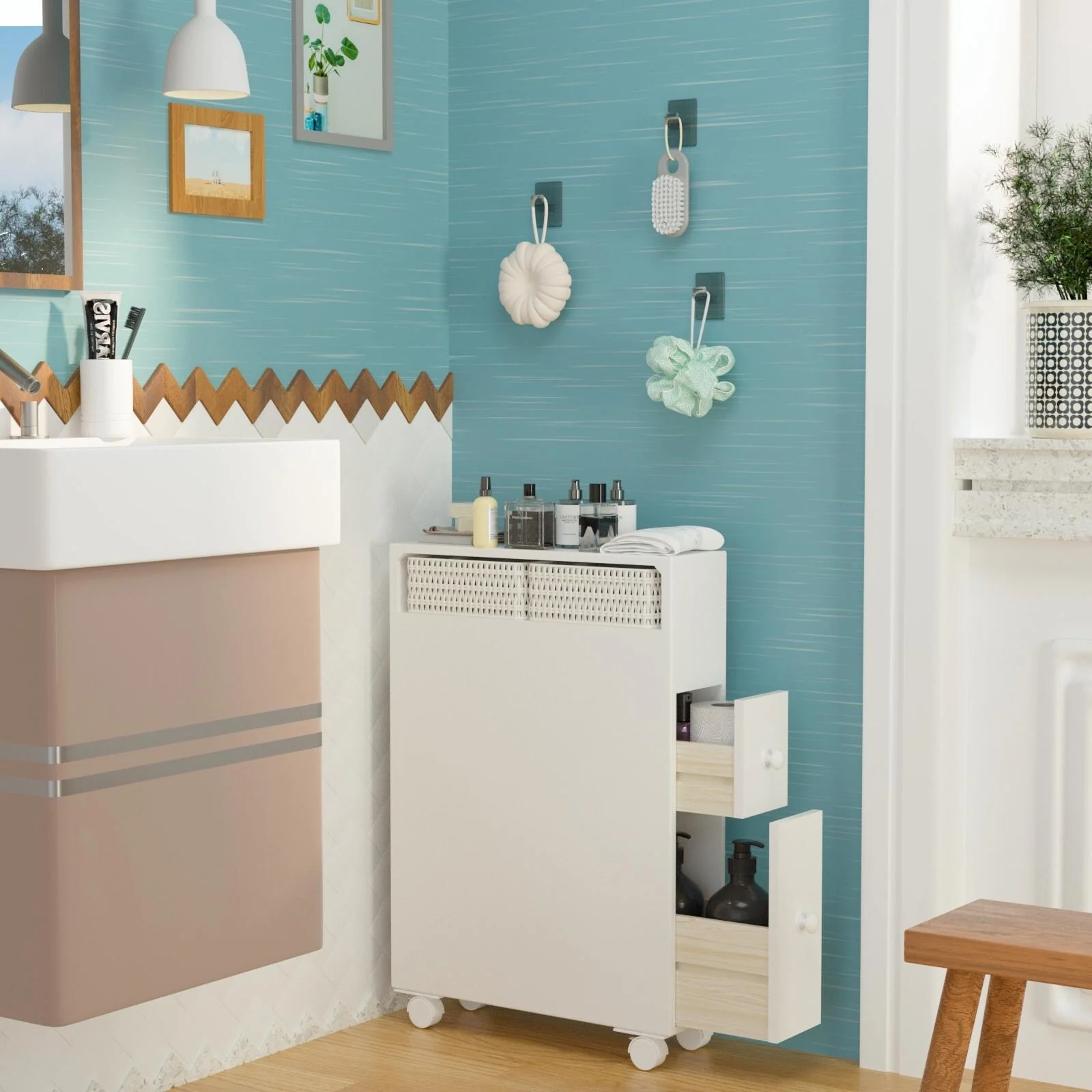 Freestanding Wooden Storage Cabinet with Storage Basket for Narrow Bathroom