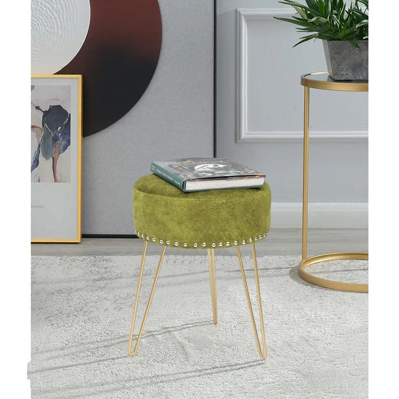 Adeco Round Footstool Ottoman Velvet Dressing Stool Gold Metal Legs
