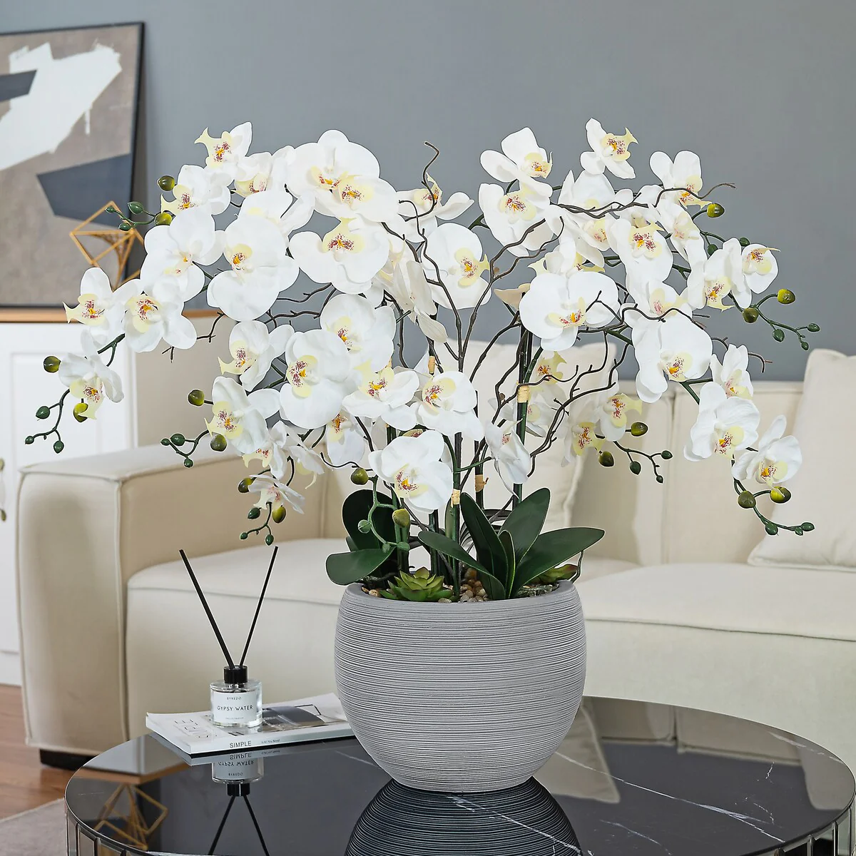 9 Stems Nearly Natural White Phalaenopsis Orchids with Succulents in White Magnesium Oxide Pot - 36.22