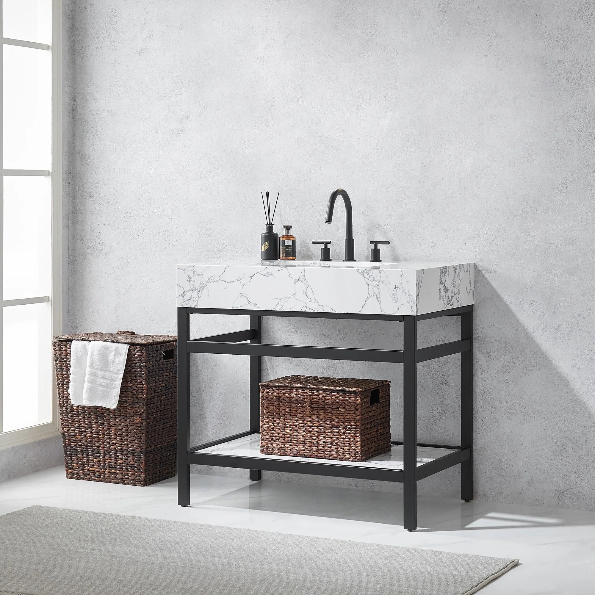 Ecija Bath Vanity, Metal Support with Composite Stone Top, no Mirror