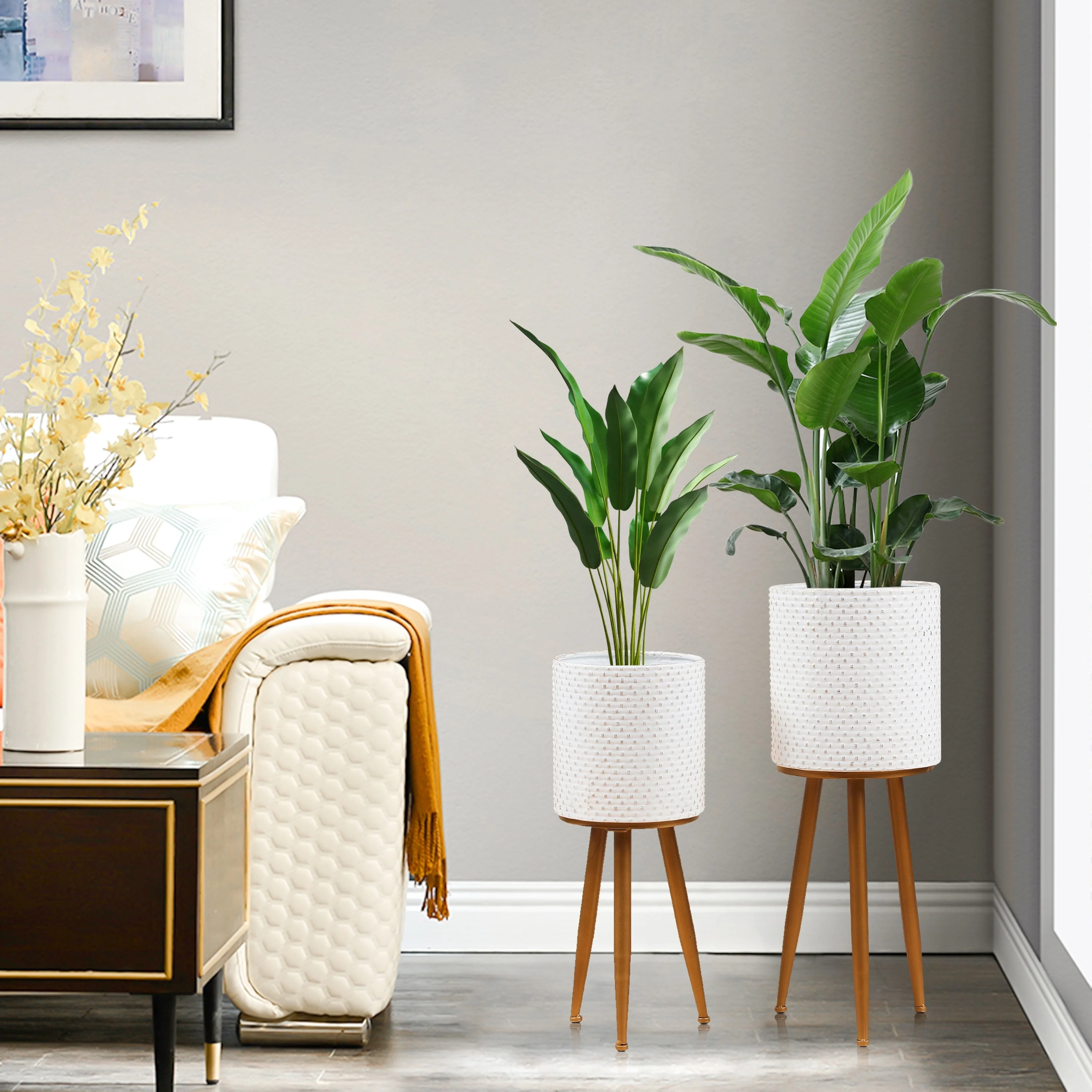 Distressed White Cachepot Planters with Bronze Metal Stands (Set of 2)