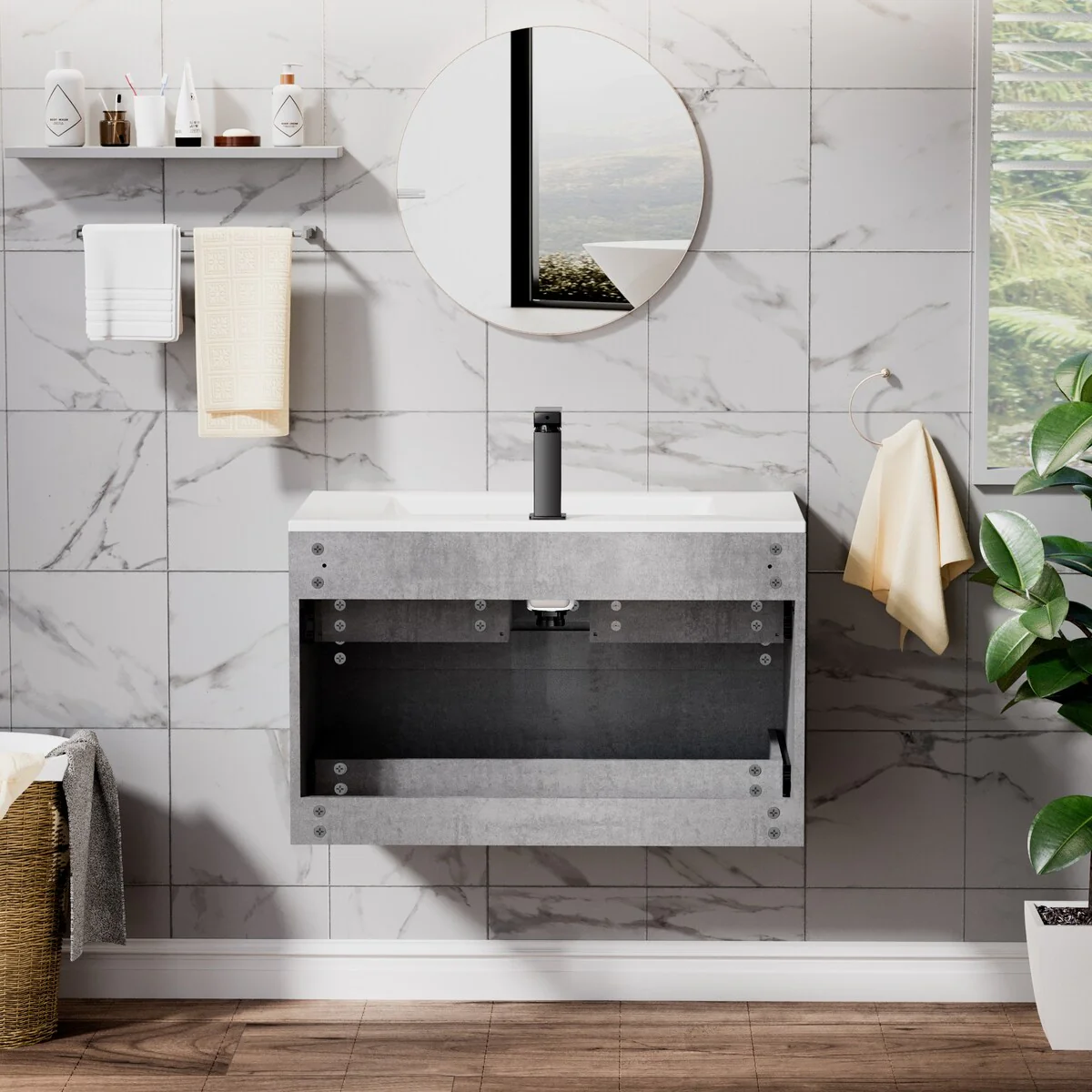 Wall Mounted Bathroom Vanity Sink Combo Cabinet Vanity Set Beveled Invisible Handles