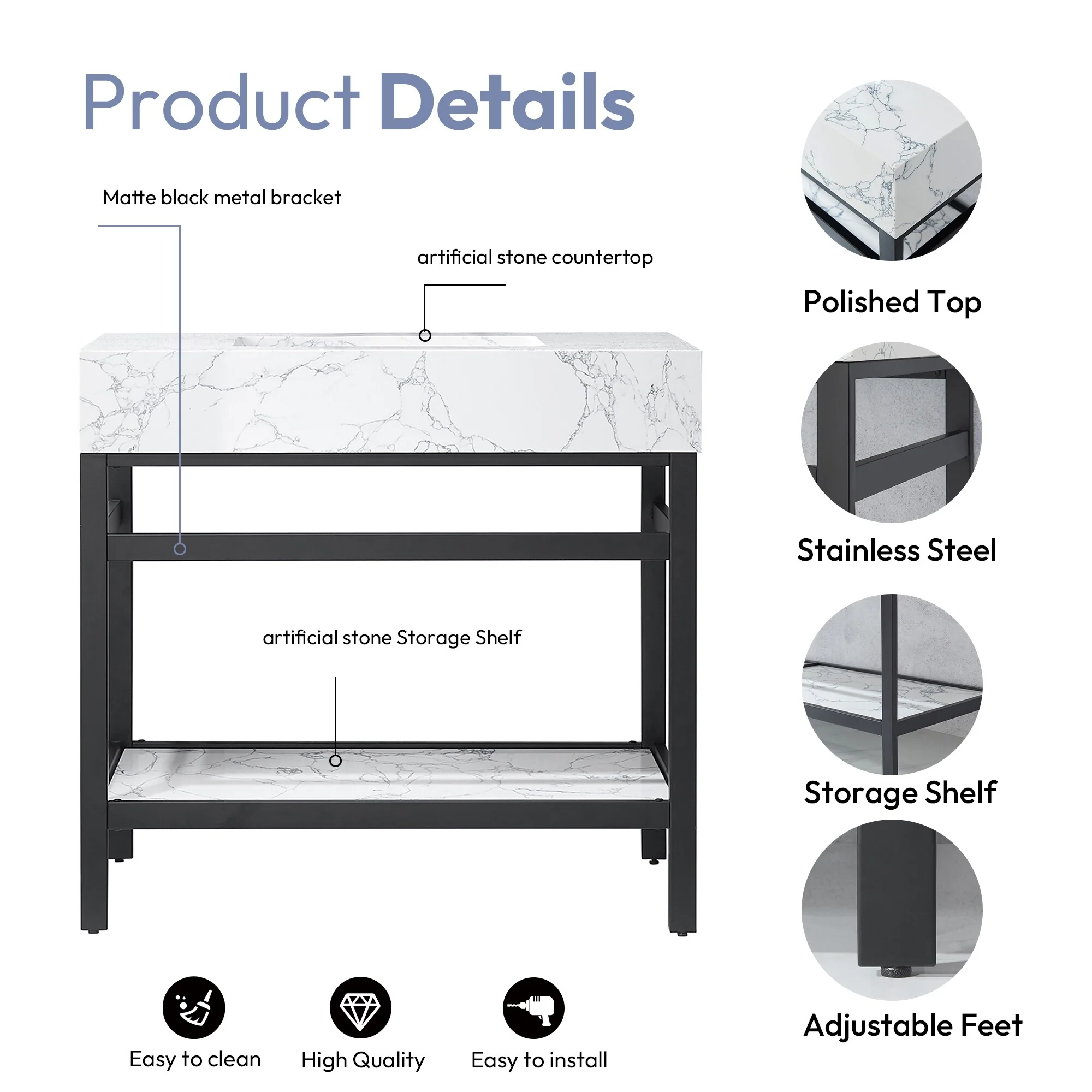 Ecija Bath Vanity, Metal Support with Composite Stone Top, no Mirror