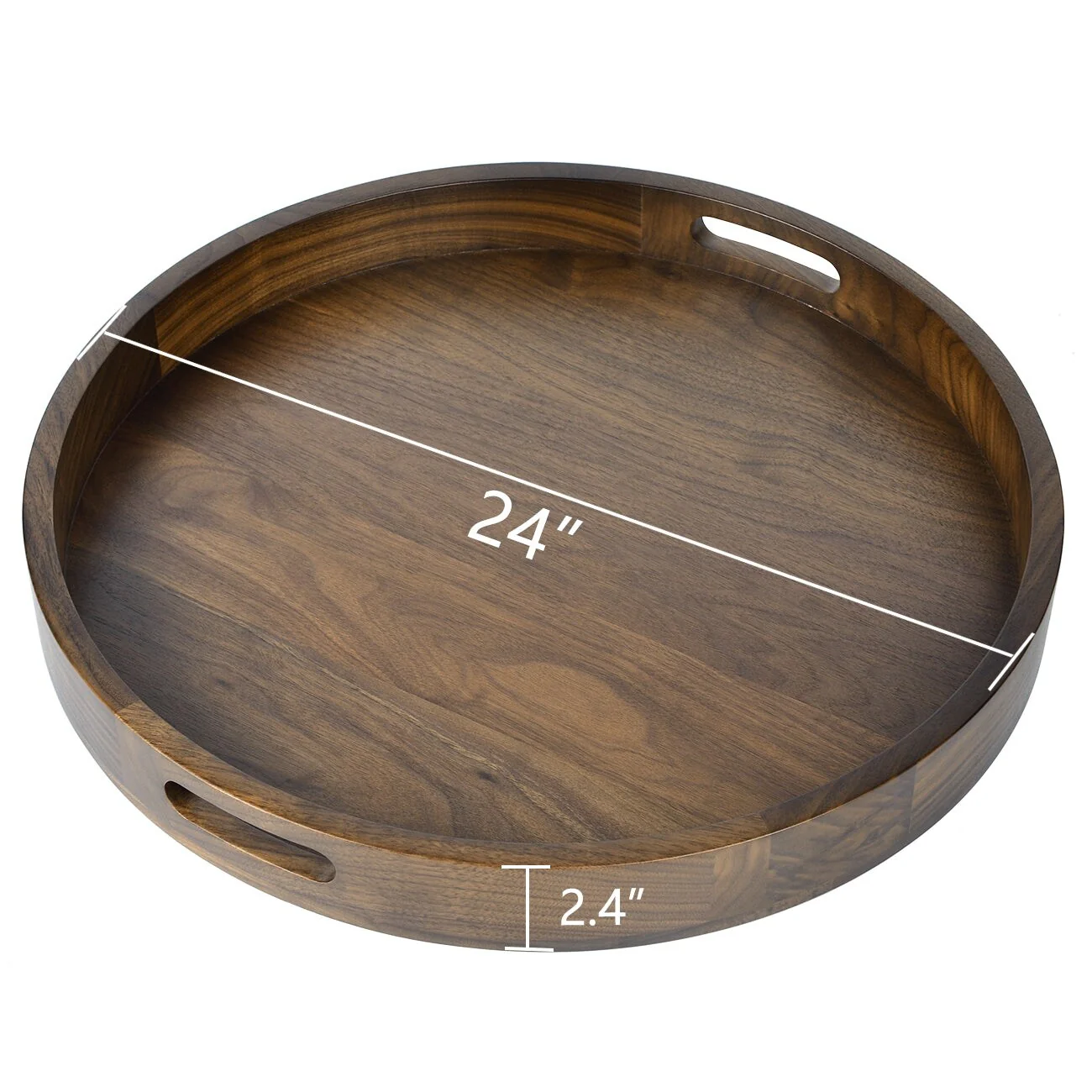 KINWELL Round Black Walnut Wood Serving Tray Ottoman Tray with Handles
