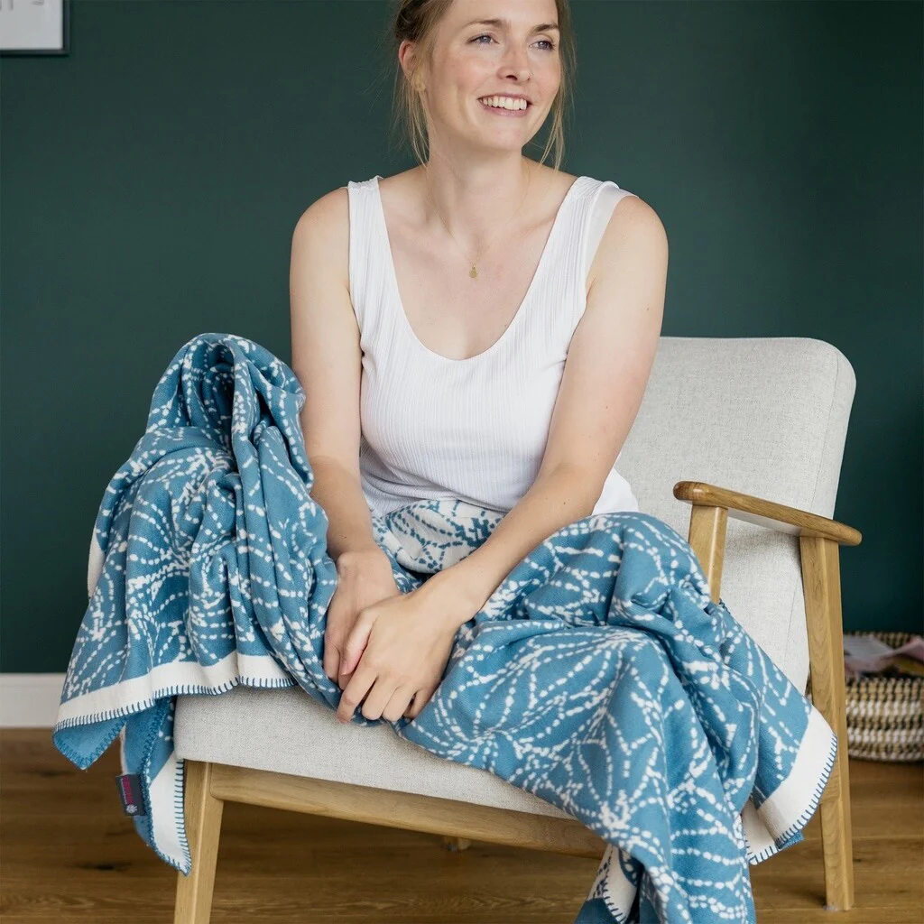 IBENA Blue Floral Pure Cotton Throw Blanket 'Ericeira'