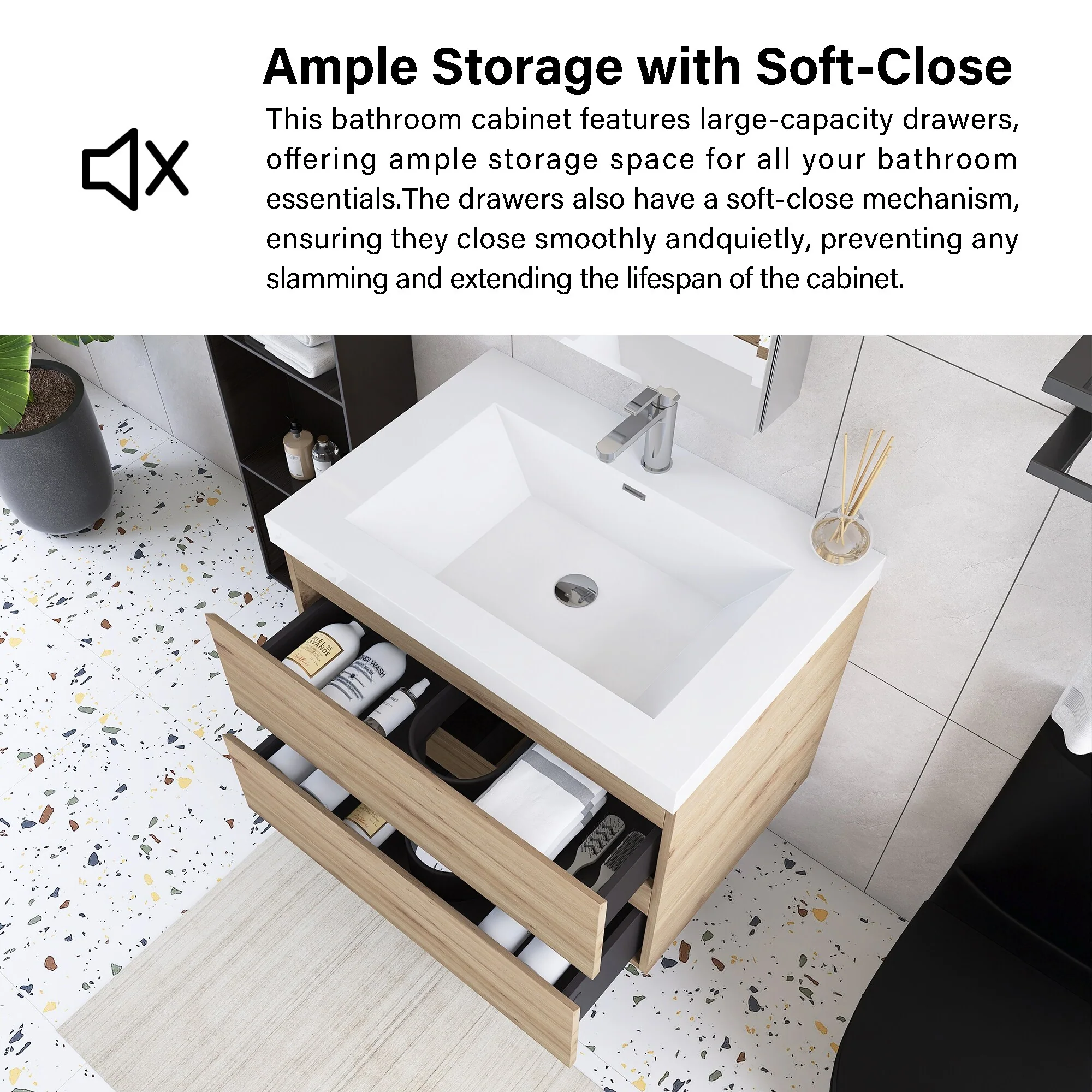 Angela Wall Mounted Bathroom Vanity in F. Oak with White Cultured Marble Top