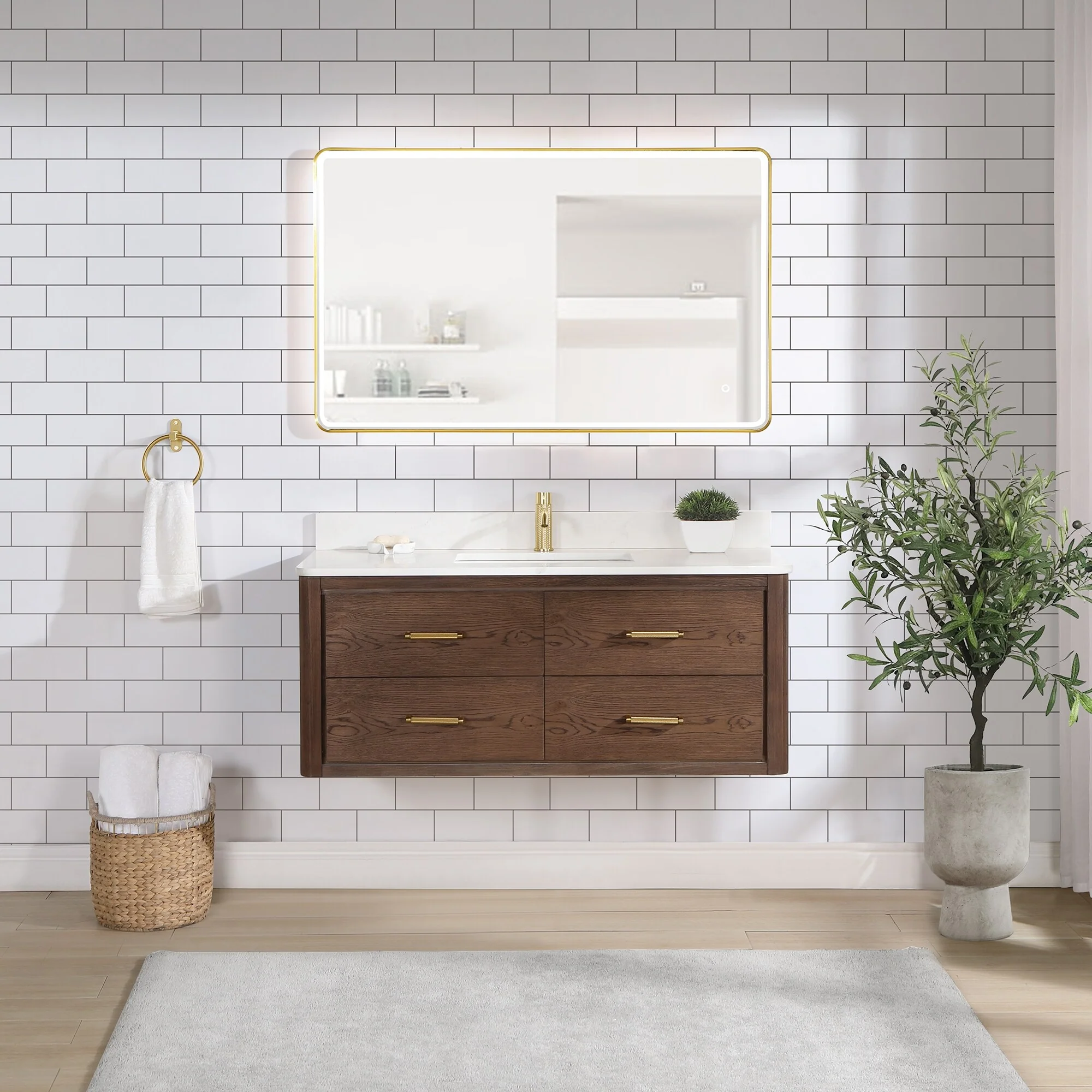 Cristo Floating Bath Vanity with White Quartz Stone Top and Mirror