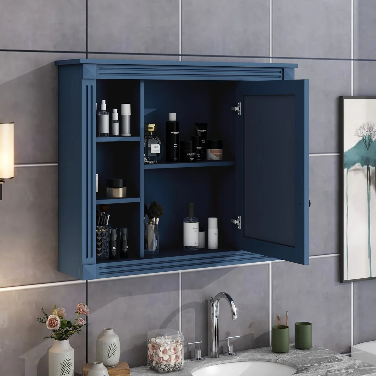 Wall Mounted Bathroom Storage Cabinet,Wall Cabinet with Mirror,Mirror Cabinet with 6 Open Shelves(Not Include Bathroom Vanity )