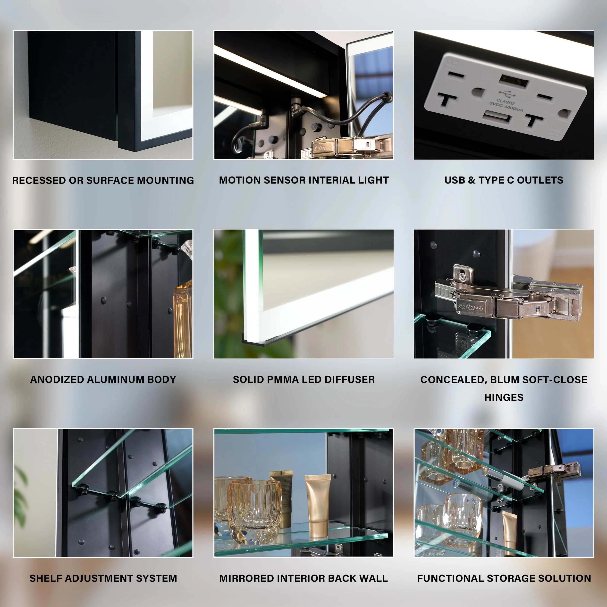 30 in. H Recessed or Surface Wall Mounted LED Mirror Cabinet With Black Side Cabinet