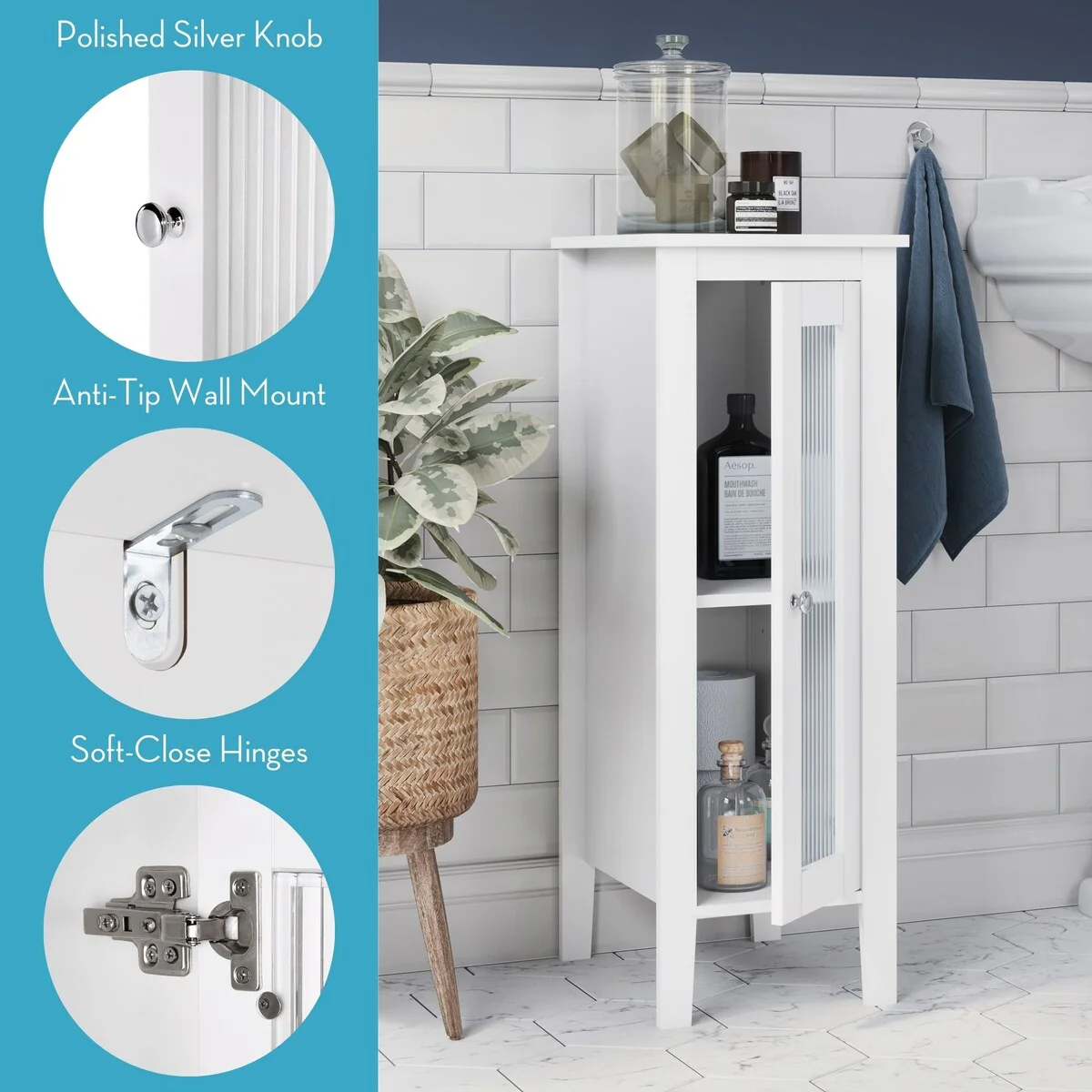 RiverRidge Prescott Single Door Narrow Bathroom and Laundry Storage Cabinet and Organizer with Adjustable Shelves - White