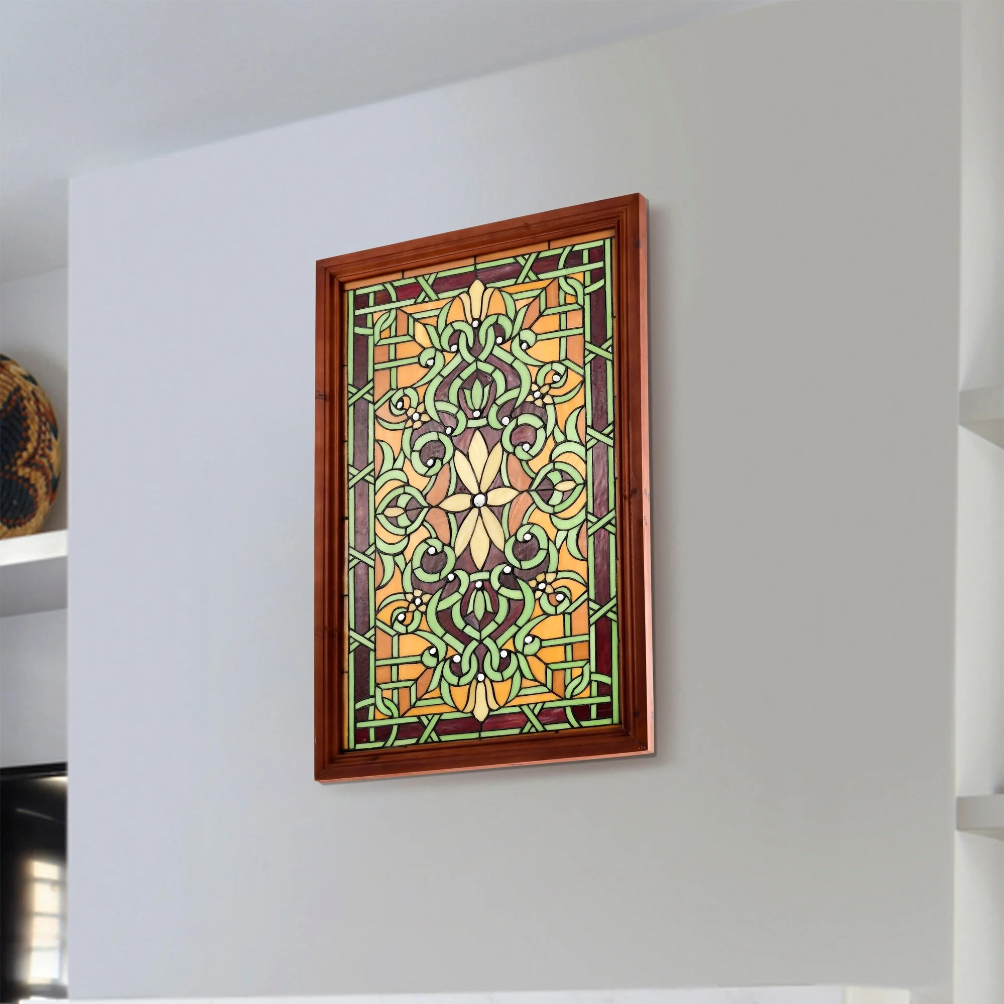 Tiffany-style Wood Frame Stained Glass Window Panel
