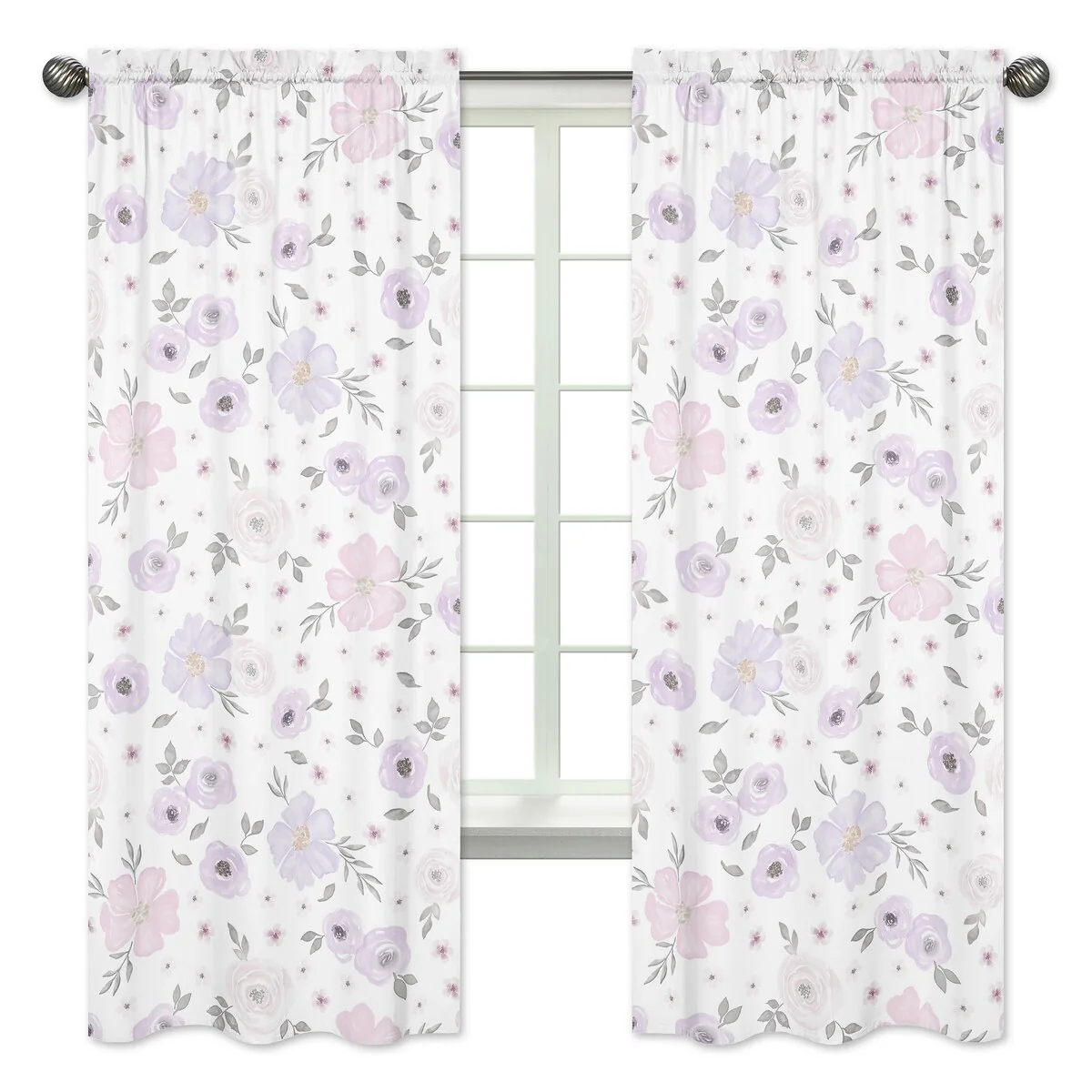 Sweet Jojo Designs Lavender Purple Pink Grey and White Watercolor Floral Collection 84-inch Window Treatment Curtain Panel Pair