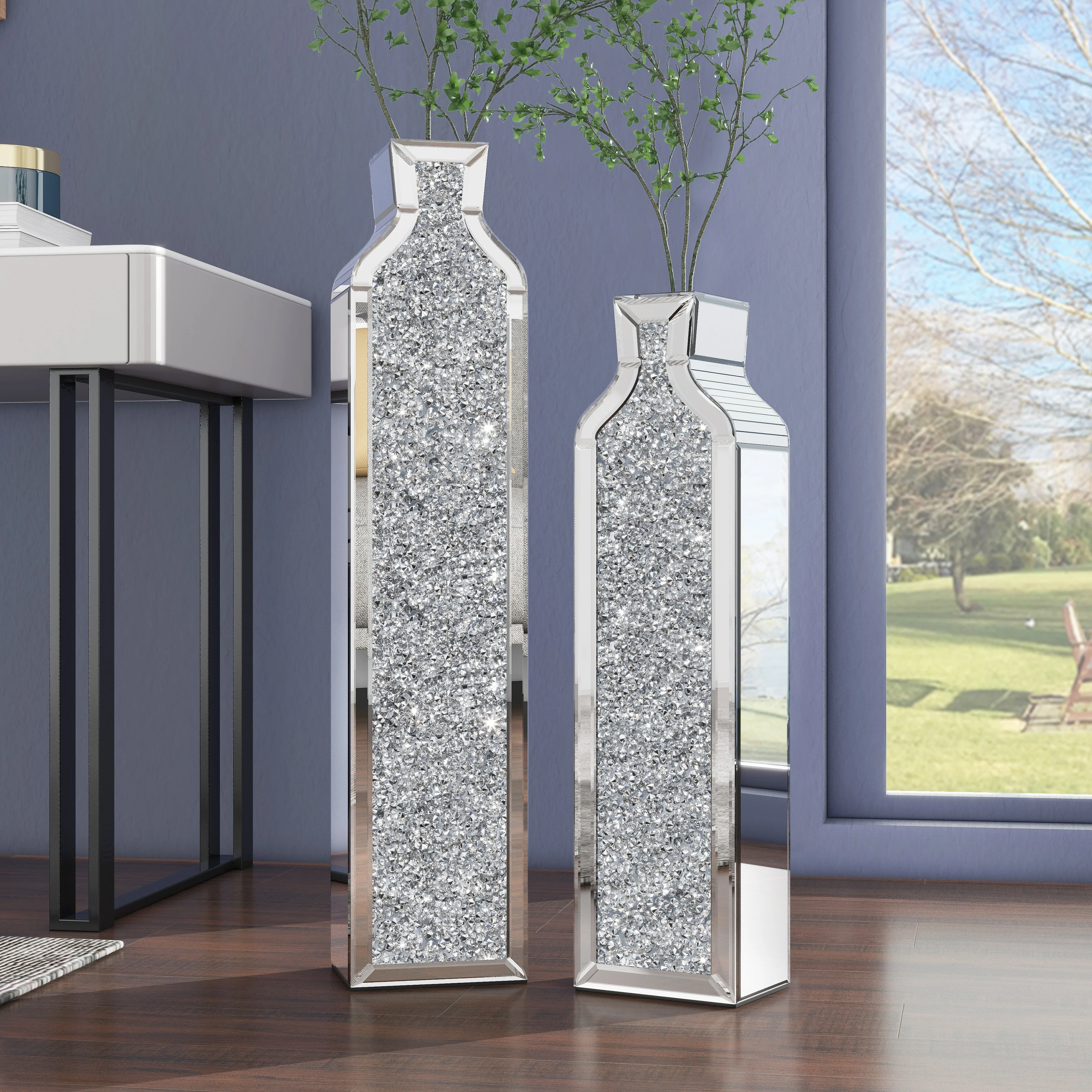Tall Crushed Diamond Mirrored Floor Vases,Set of 2