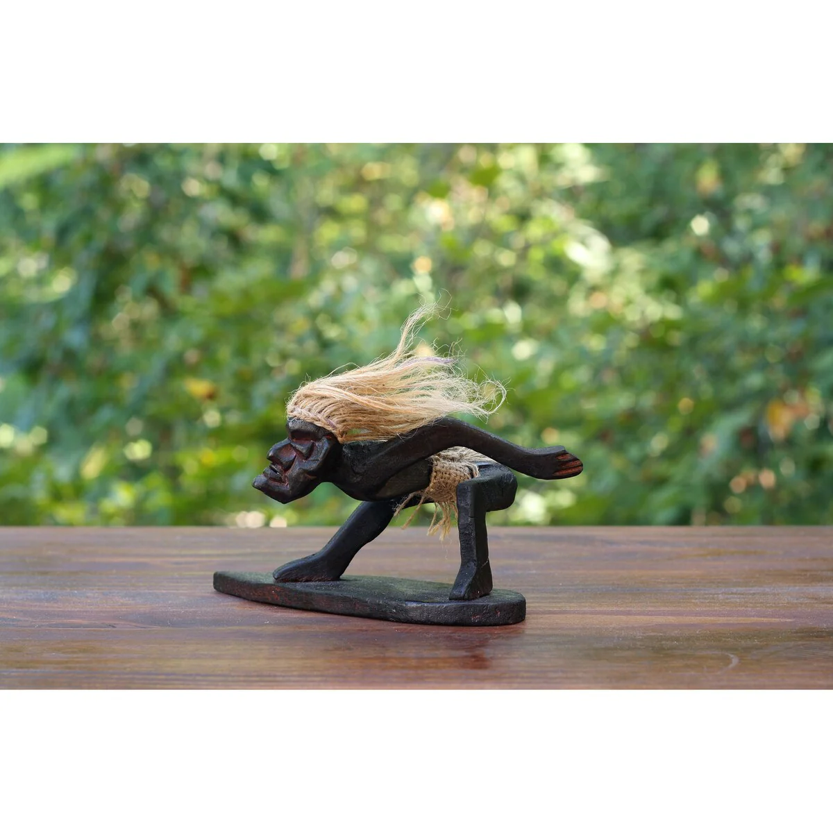 Handmade Wooden Primitive Tribal Funny Statue Surfing Sculpture Tiki Bar Figurine Hand Carved Surf