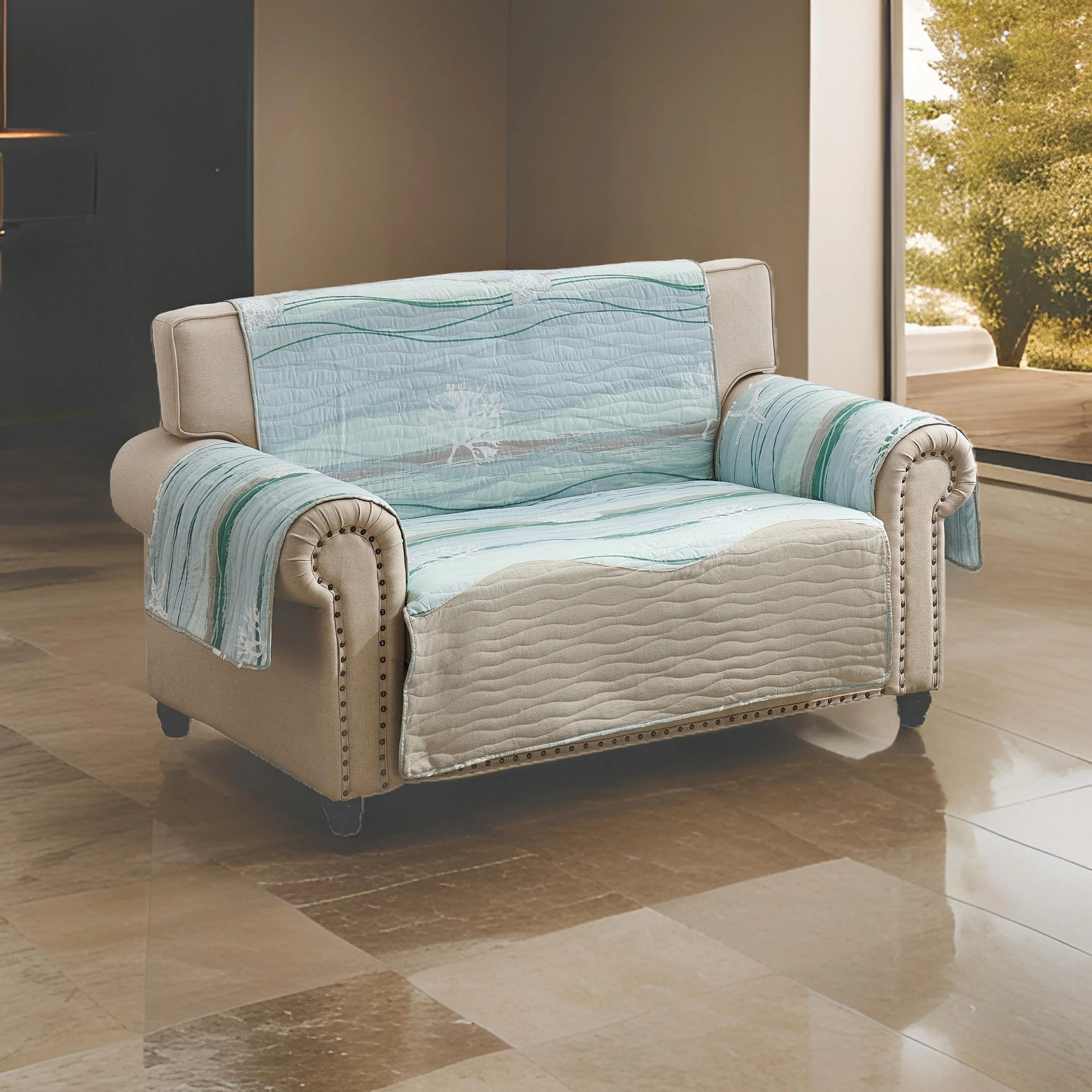 Niha 103 Inch Loveseat Cover with Ocean Wave Print and Quilting, Multicolor