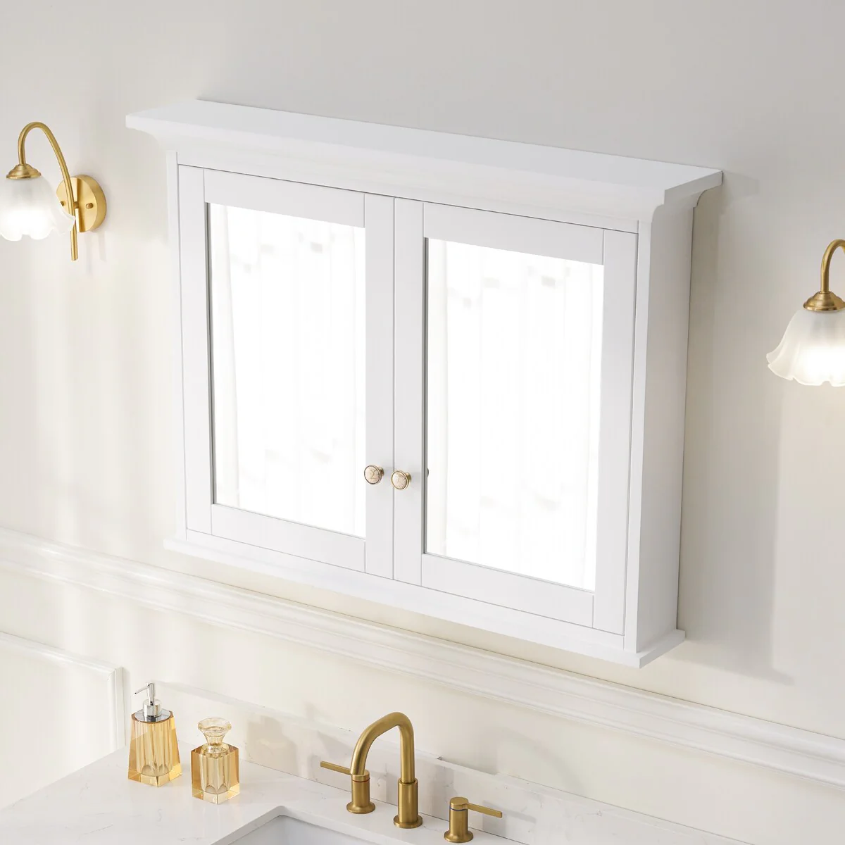 30''H Surface Mount Solid Wood Framed Medicine Cabinet With Mirror And Wooden Shelves