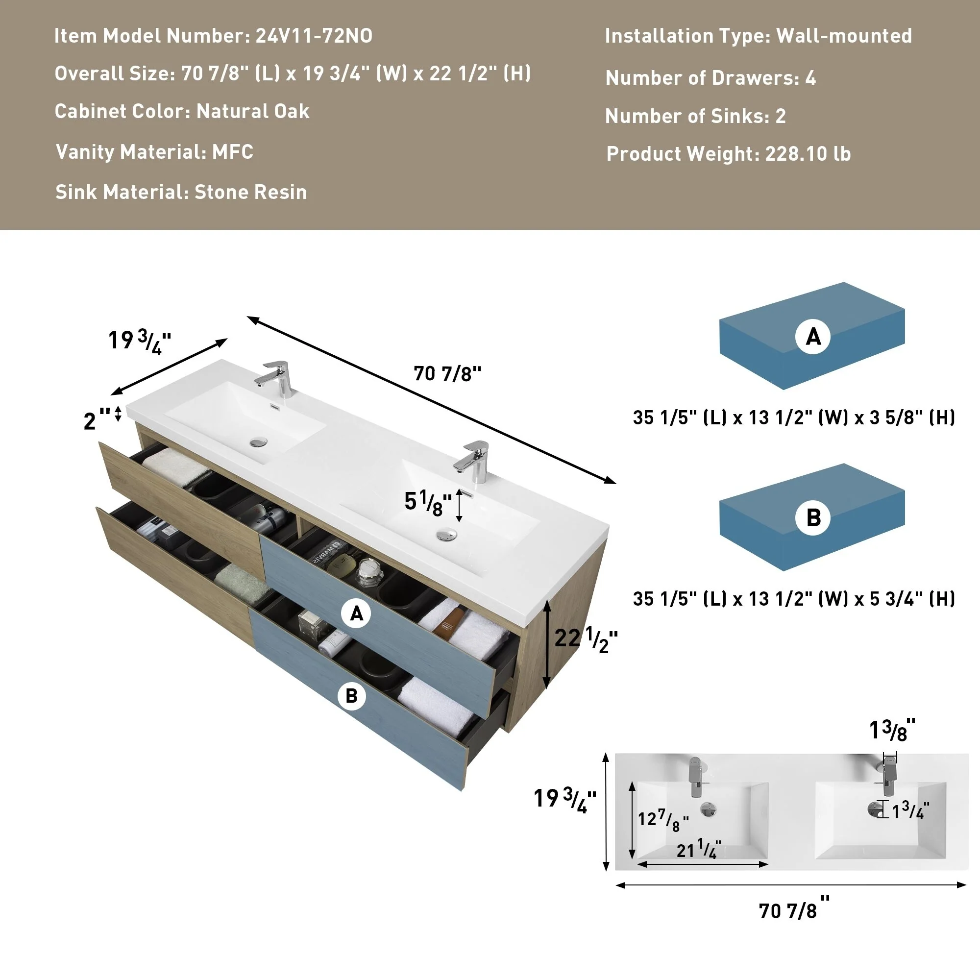 MDF Floating Bathroom Vanity with Integrated Resin Sink