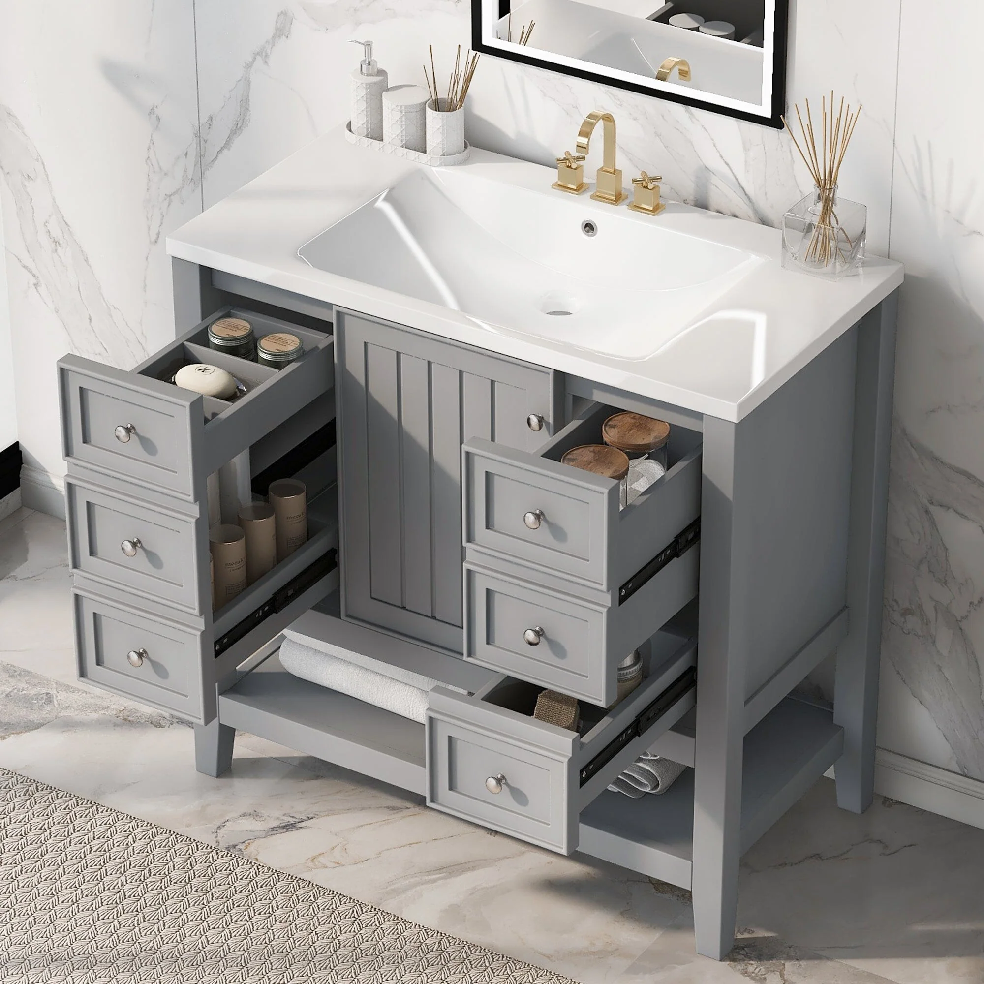 36 Inch Freestanding Bathroom Vanity Set with Drawers and Ceramic Sink