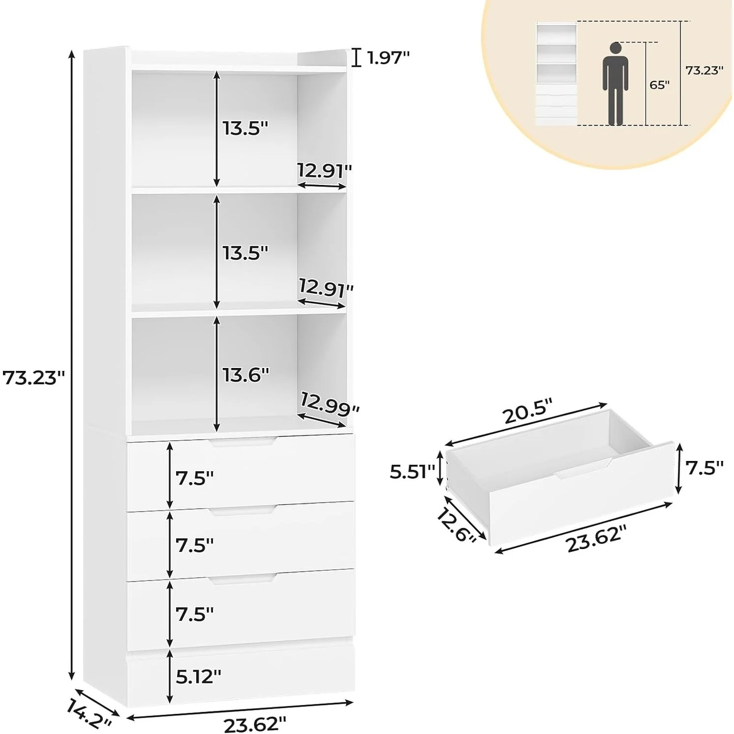Kitchen Storage Cabinet Bookcase 3 Drawers Open Shelves - N/A
