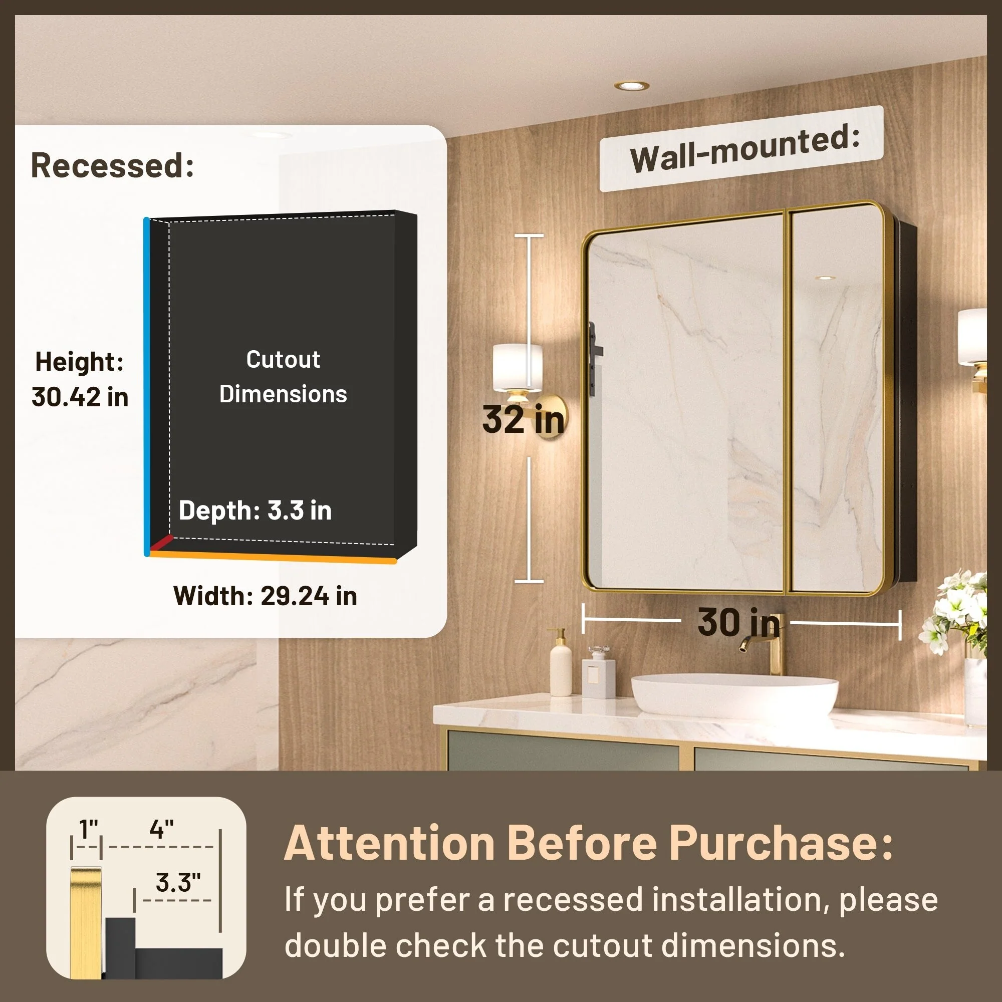 KEONJINN Medicine Cabinets for Bathroom with Mirror, Stainless Steel 1-3 Framed Doors