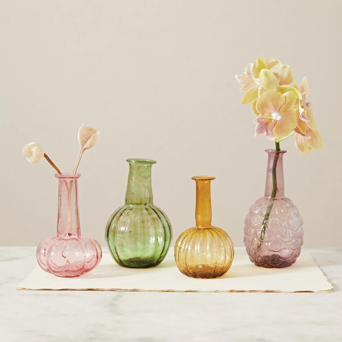 Various Embossed Reclaimed Glass Vases, Set of 4
